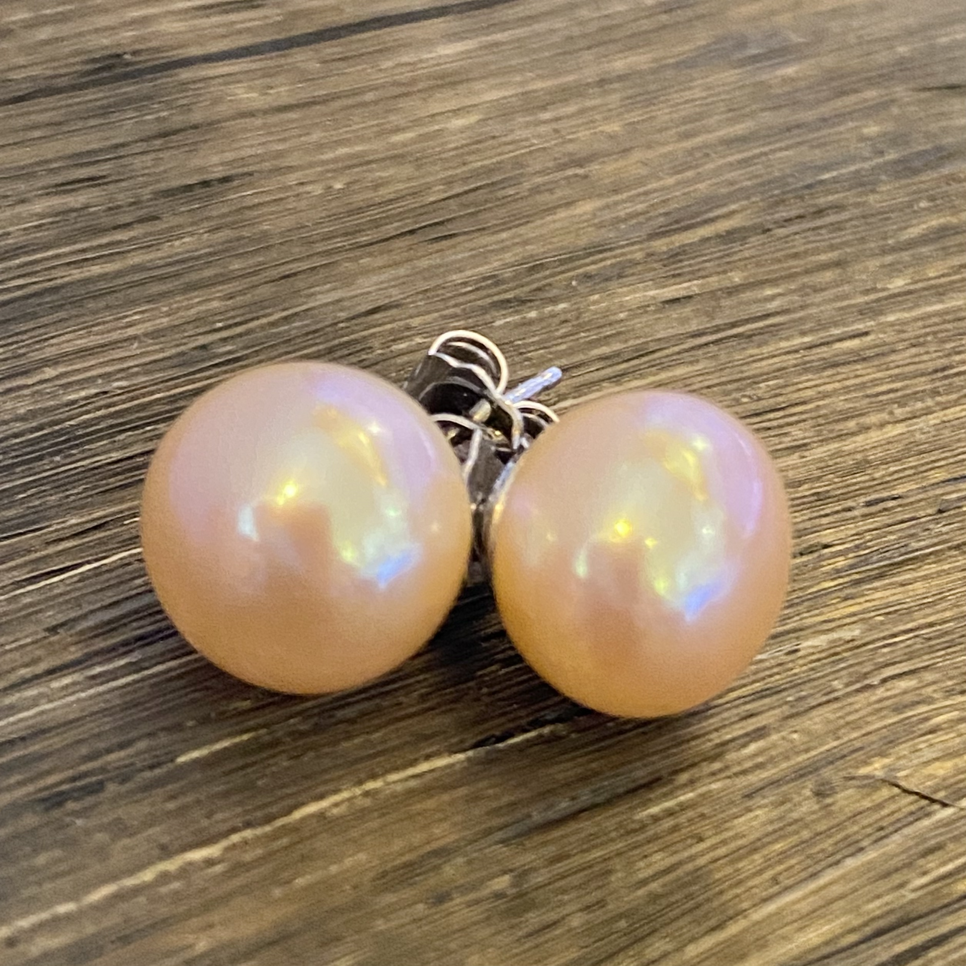 Peach Button Pearl Earrings 10.7mm by Sidney Soriano