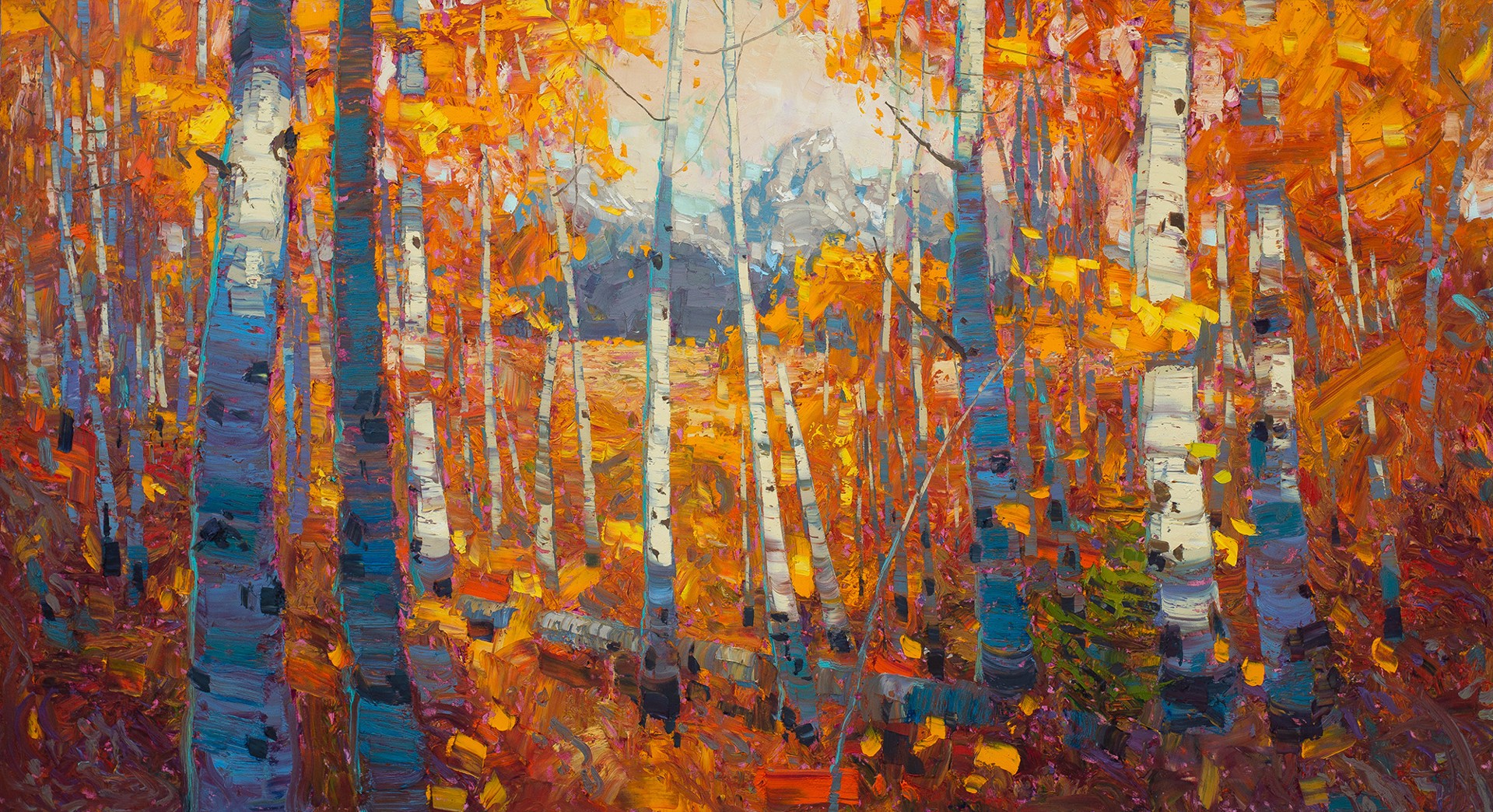 Original Oil Painting By Silas Thompson Of The Tetons Framed With Orange And Yellow Aspens