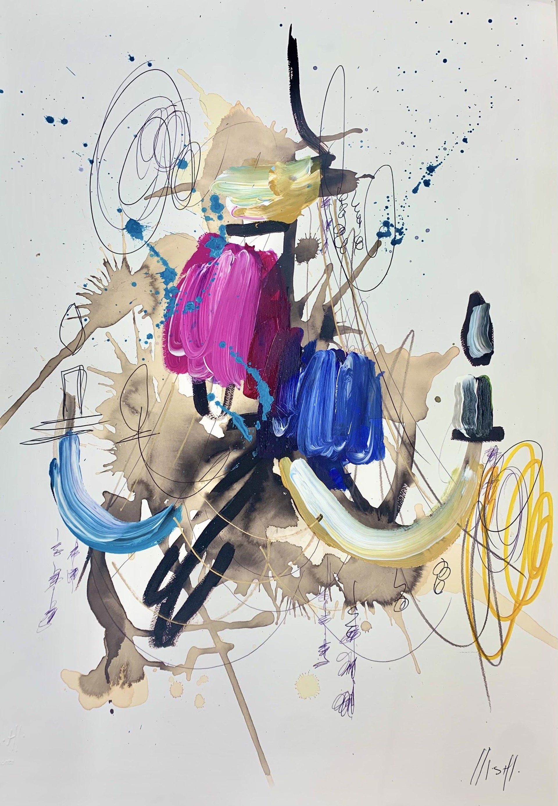 Blue Splatter, Yellow Swirl Chandelier by Ash Almonte