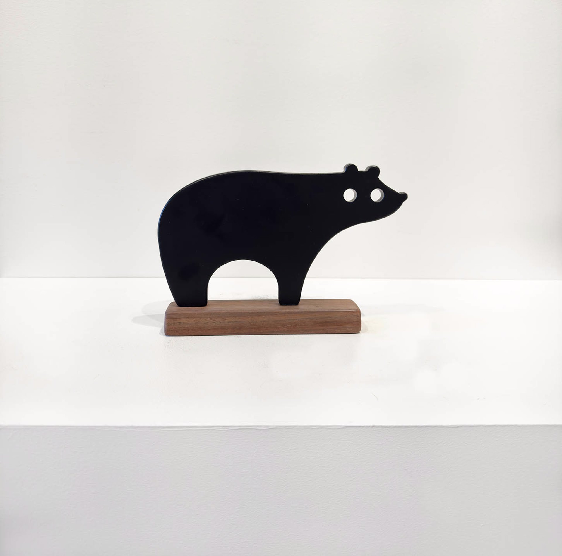Original Steel Sculpture By Jeffie Brewer Featuring A Black Bear In Simplified Shapes On Rectangular Wooden Base