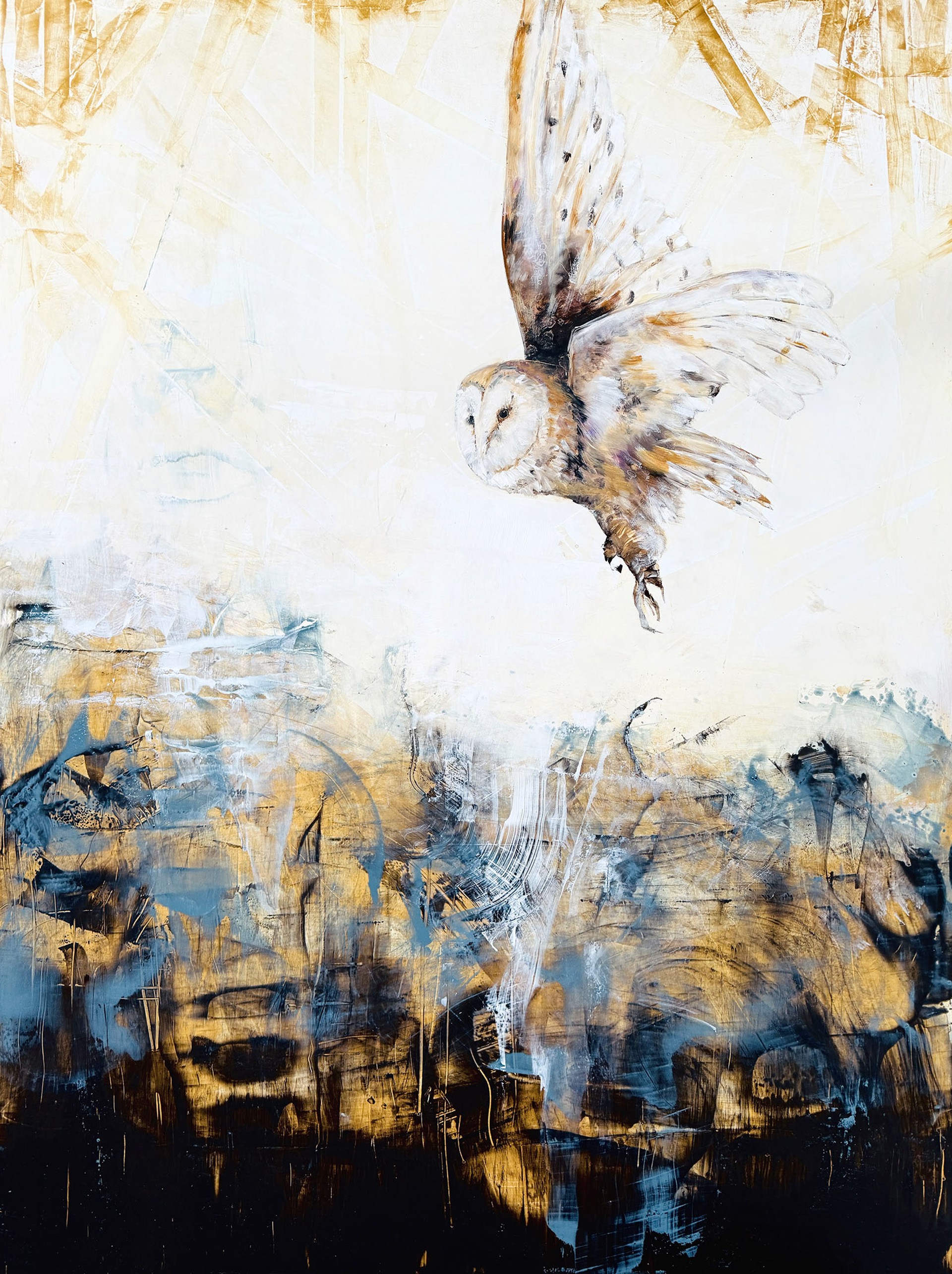 Original Oil Painting By Jenna Von Benedikt Featuring A Snowy Owl Flying Over Abstracted Background