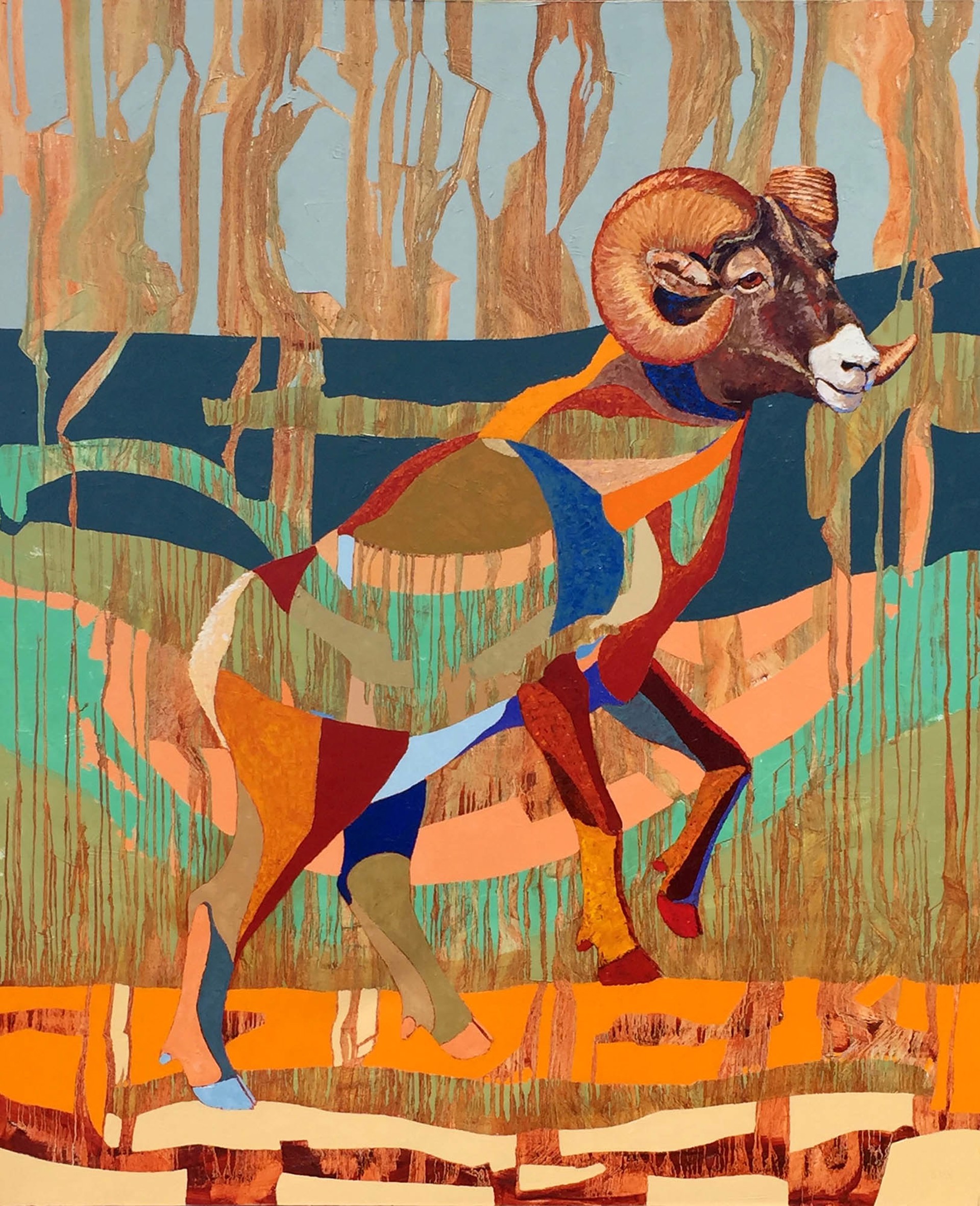 Original Oil Painting Featuring A Bighorn Sheep In A Color Block Graphic Style