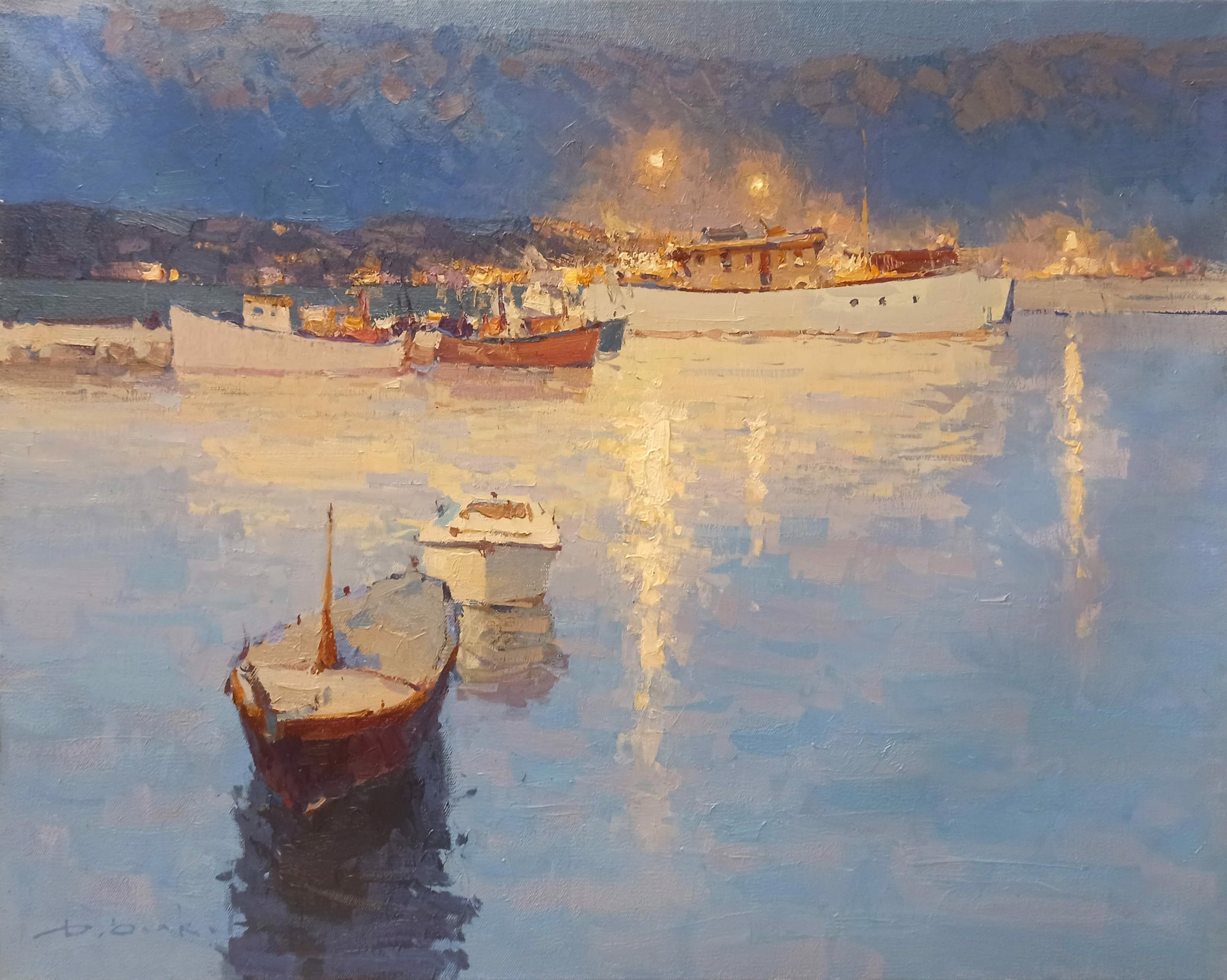 "Evening in the Port" original oil painting by Daniil Volkov