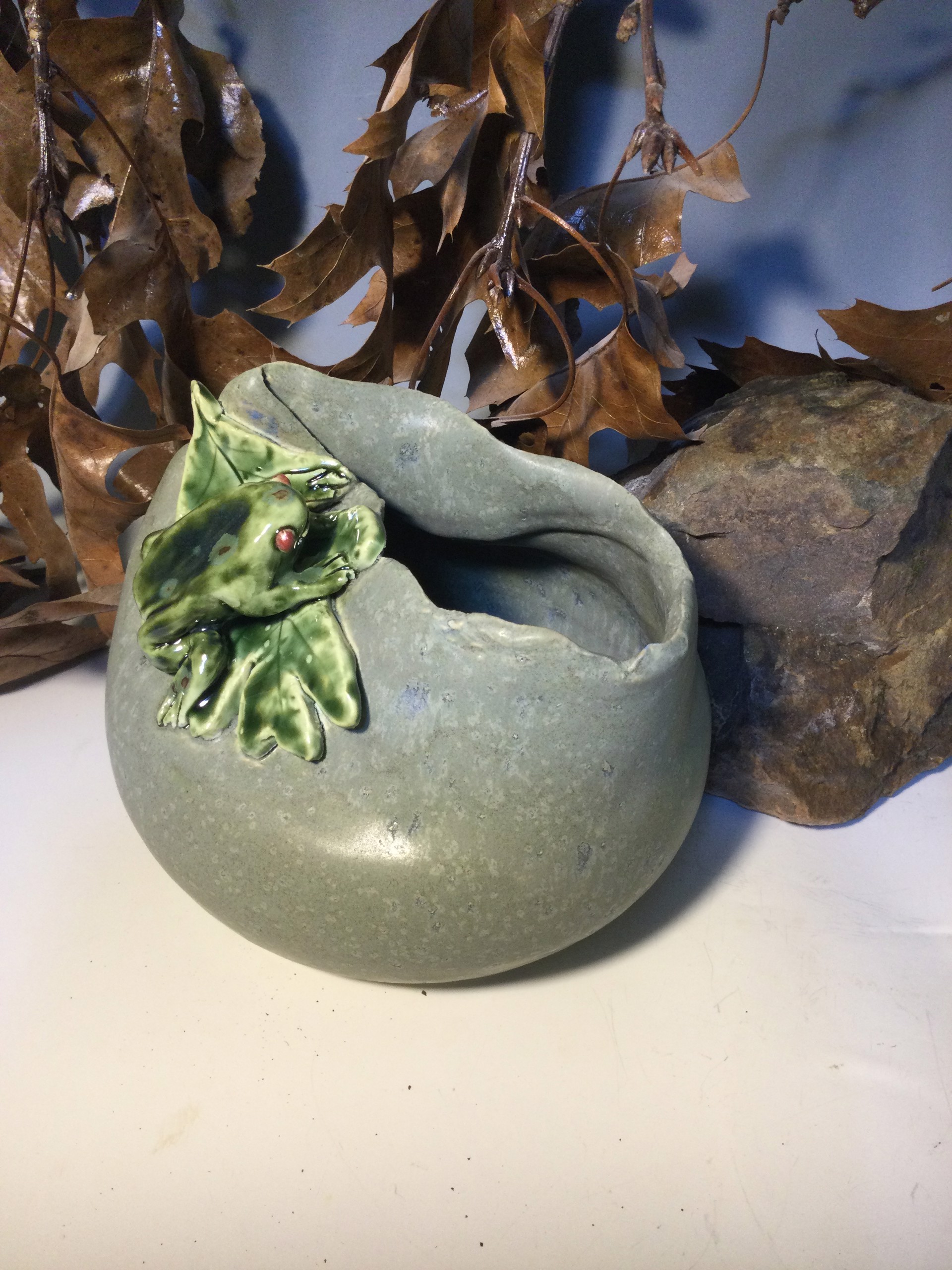 Art Nouveau Inspired Frog on Leaf Bowl by Anna M. Elrod
