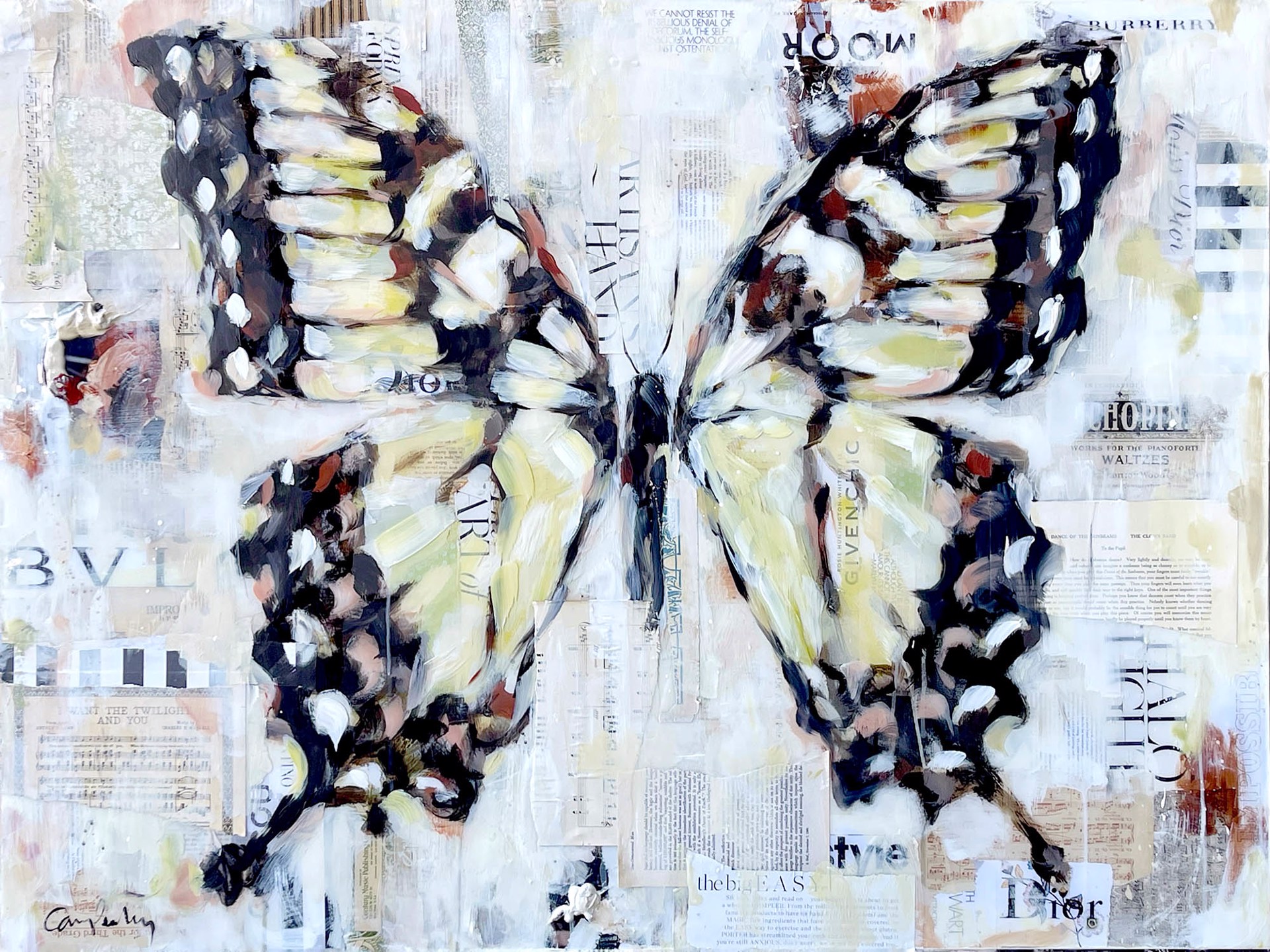 A Contemporary Collaged Swallowtail Butterfly With A Background Featuring Designer Brands Available At Gallery Wild