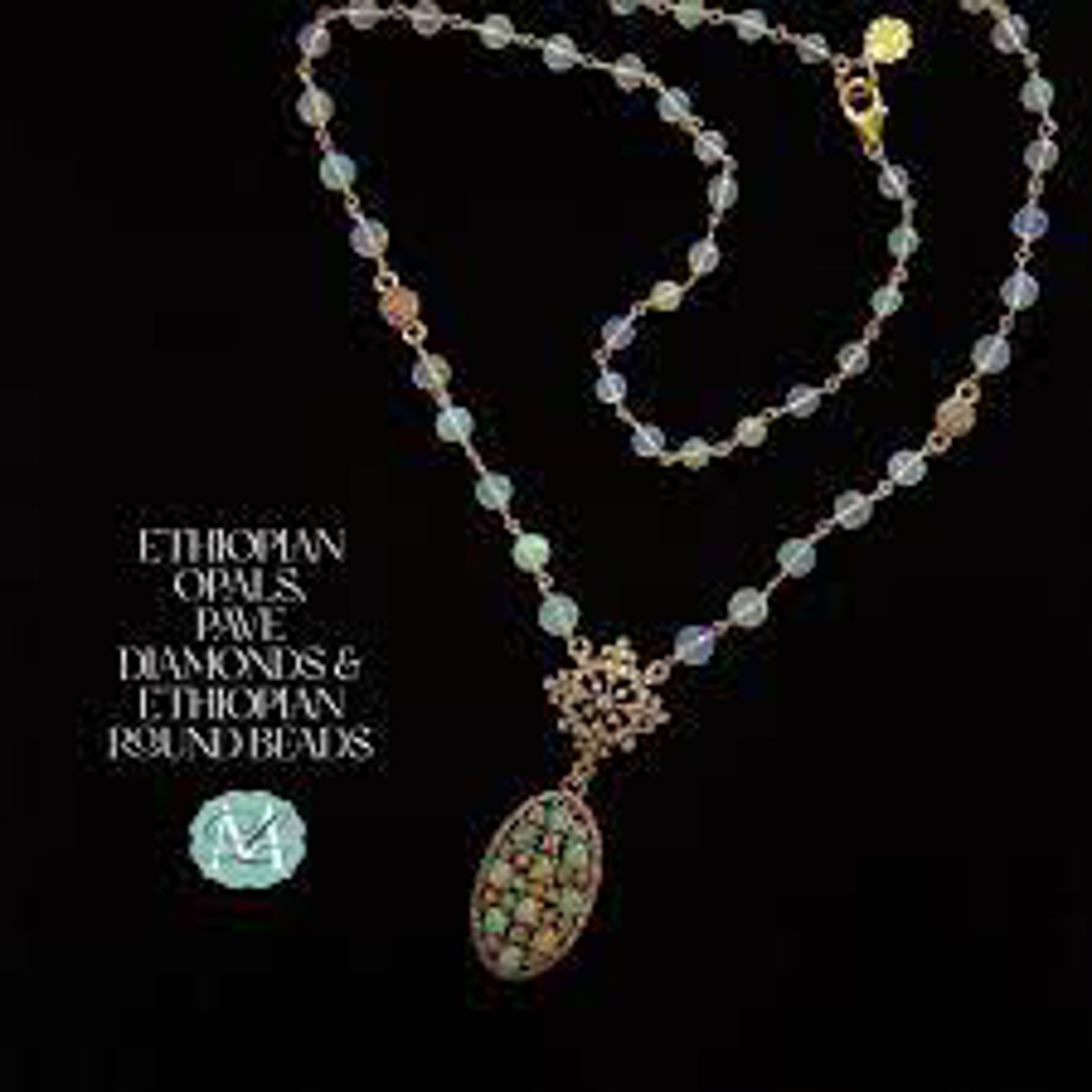Ethiopian Opal and Pave Diamond Pendant necklace on a strand of opals by Melinda Lawton Jewelry