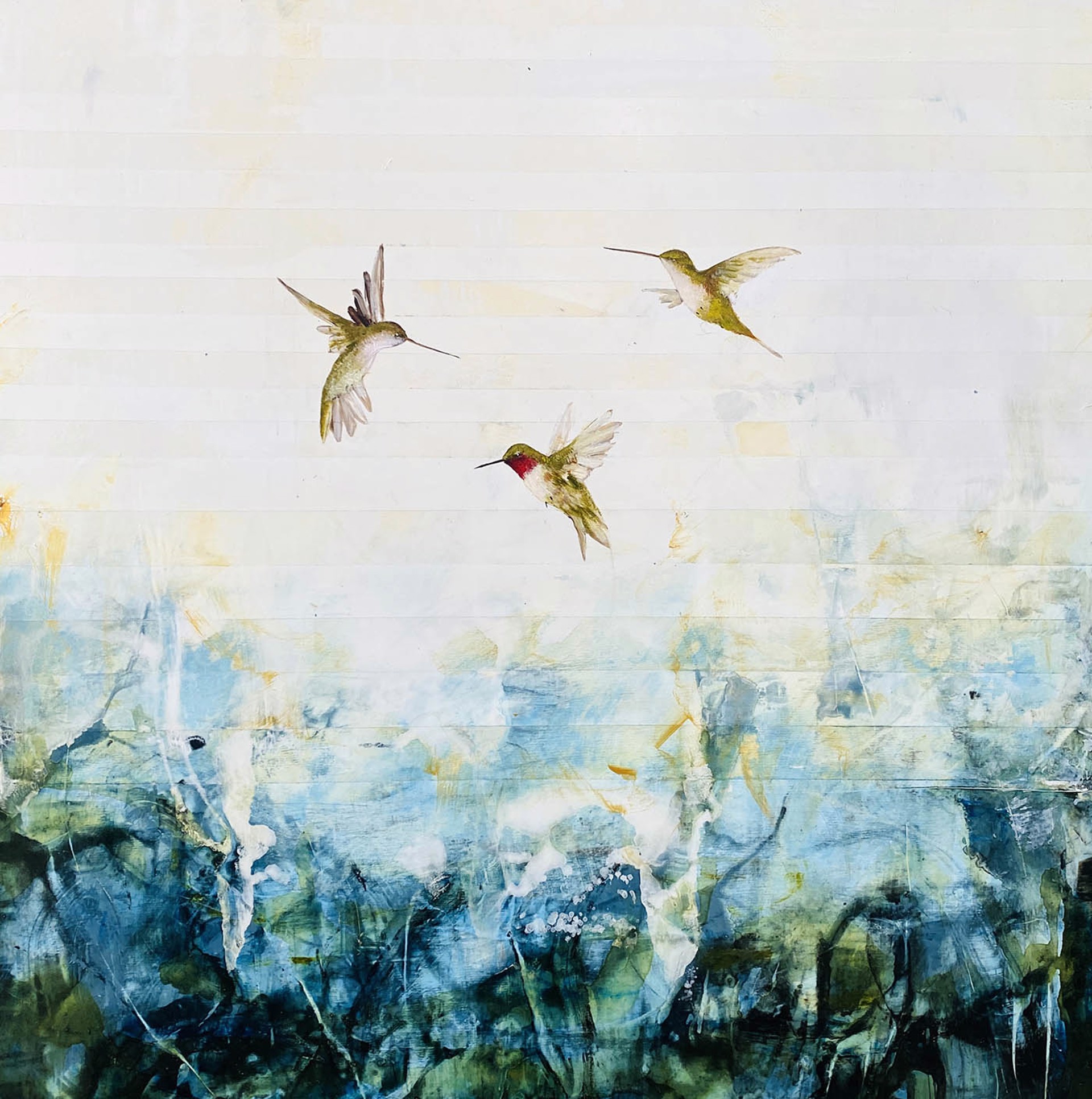 Original Oil Painting By Jenna Von Benedikt Featuring Three Flying Hummingbirds Over Abstracted Background In Turquoise Tones With Striping Details