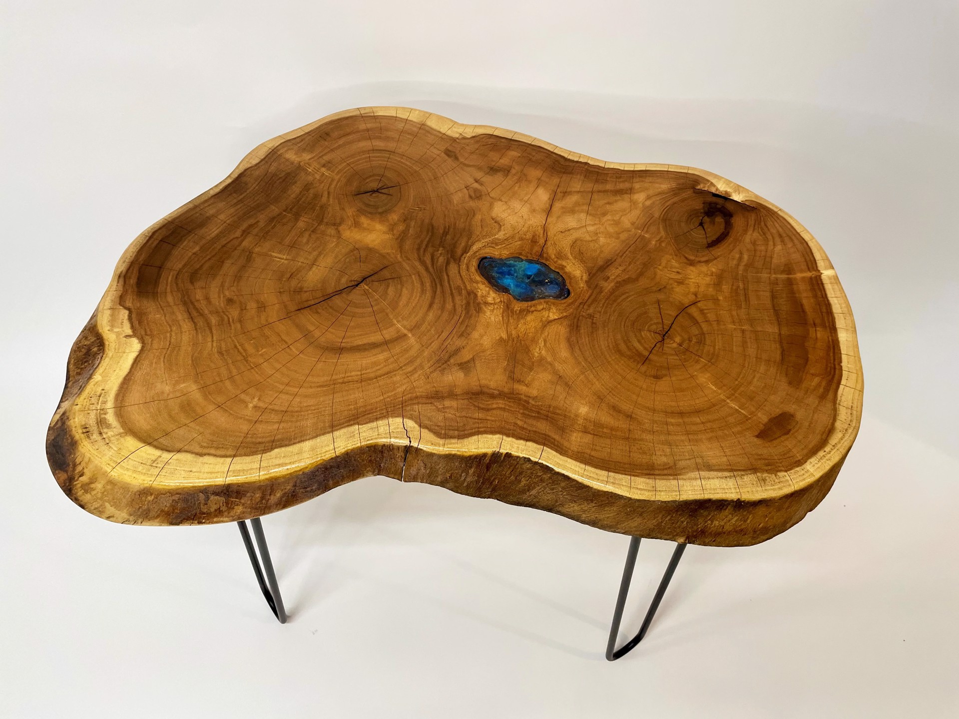 Large Slab Mesquite & Blue Resin Spindle Leg Table by Kirk Allan
