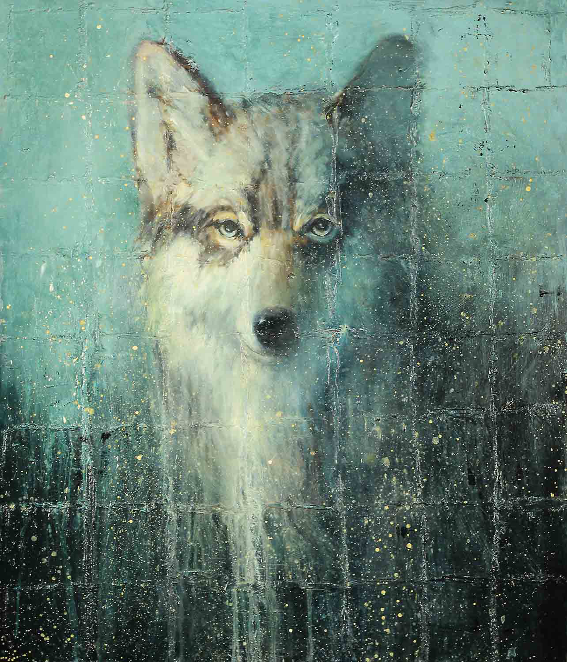 An Original Contemporary Fine Art Painting Of A Wolf With A Blue and Black Abstract Background By Matt Flint Using Mixed Media On Panel