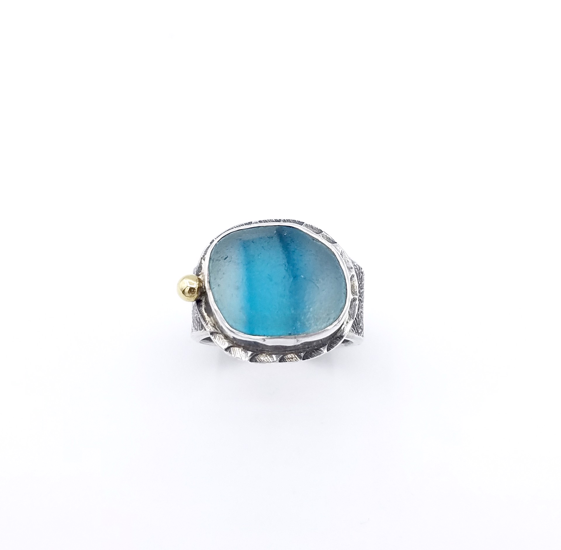 Blue Stripe Seaglass Ring with Gold Dot by Judith Altruda