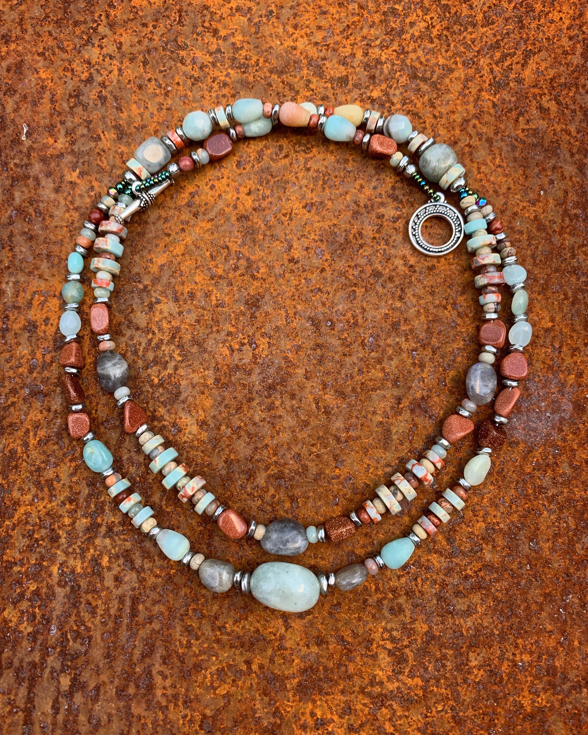K615 Jasper and Goldstone Double Strand Necklace by Kelly Ormsby