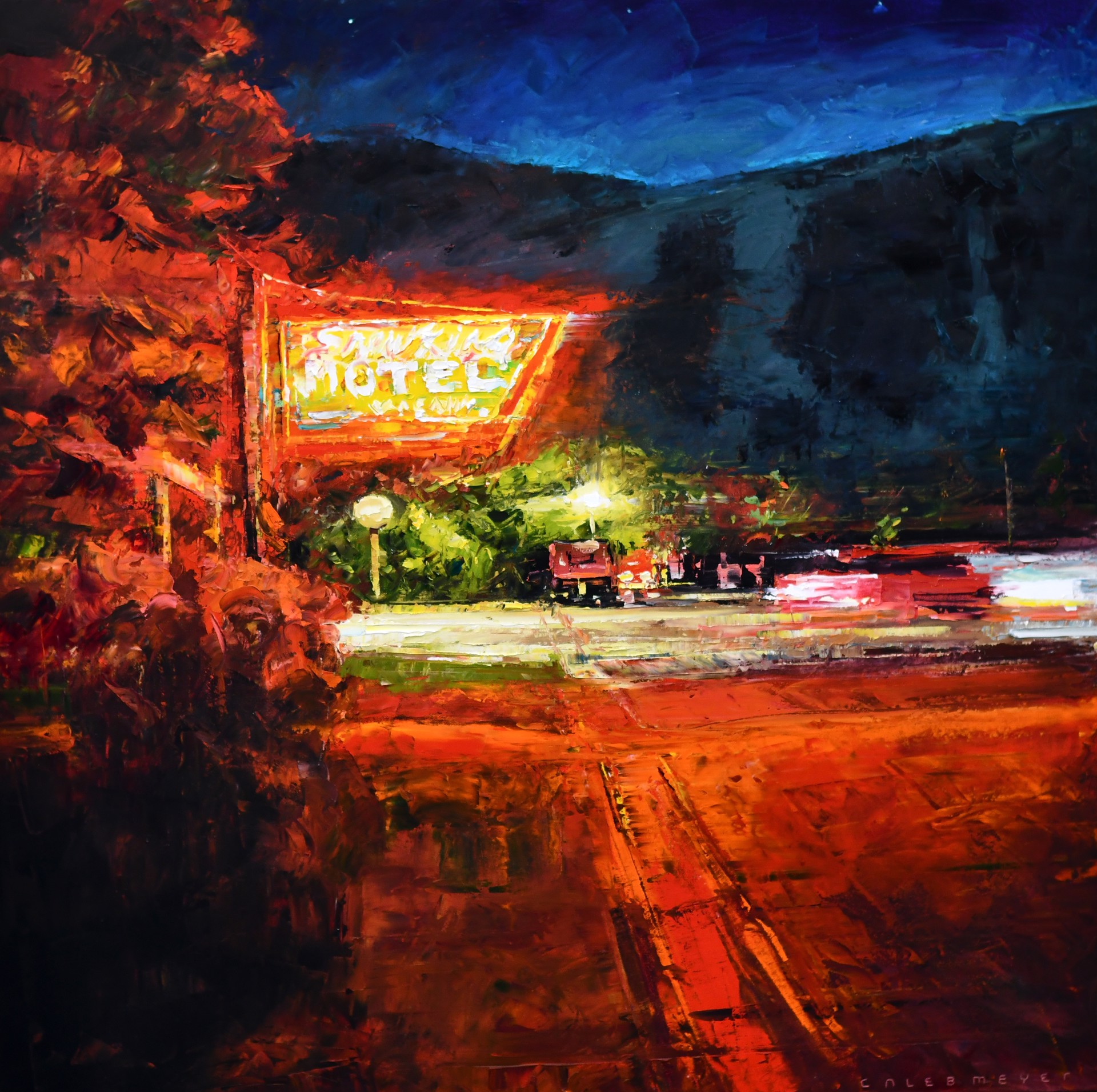 Original Oil Painting Featuring An Evening Landscape Of The Snow King Motel With Neon Lights And Ski Resort In The Background