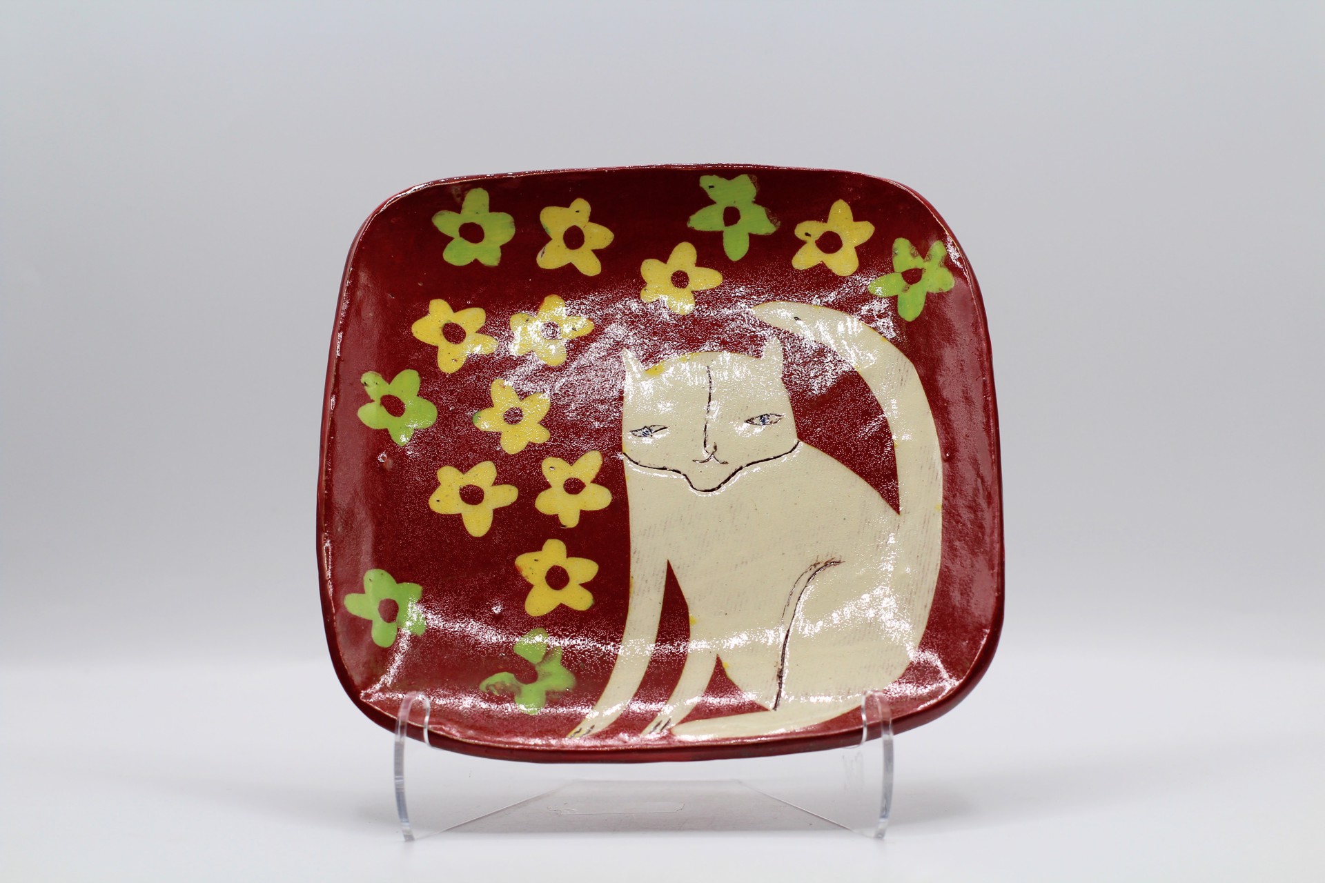 Cat Red Small Square Plate by Priscilla Dahl