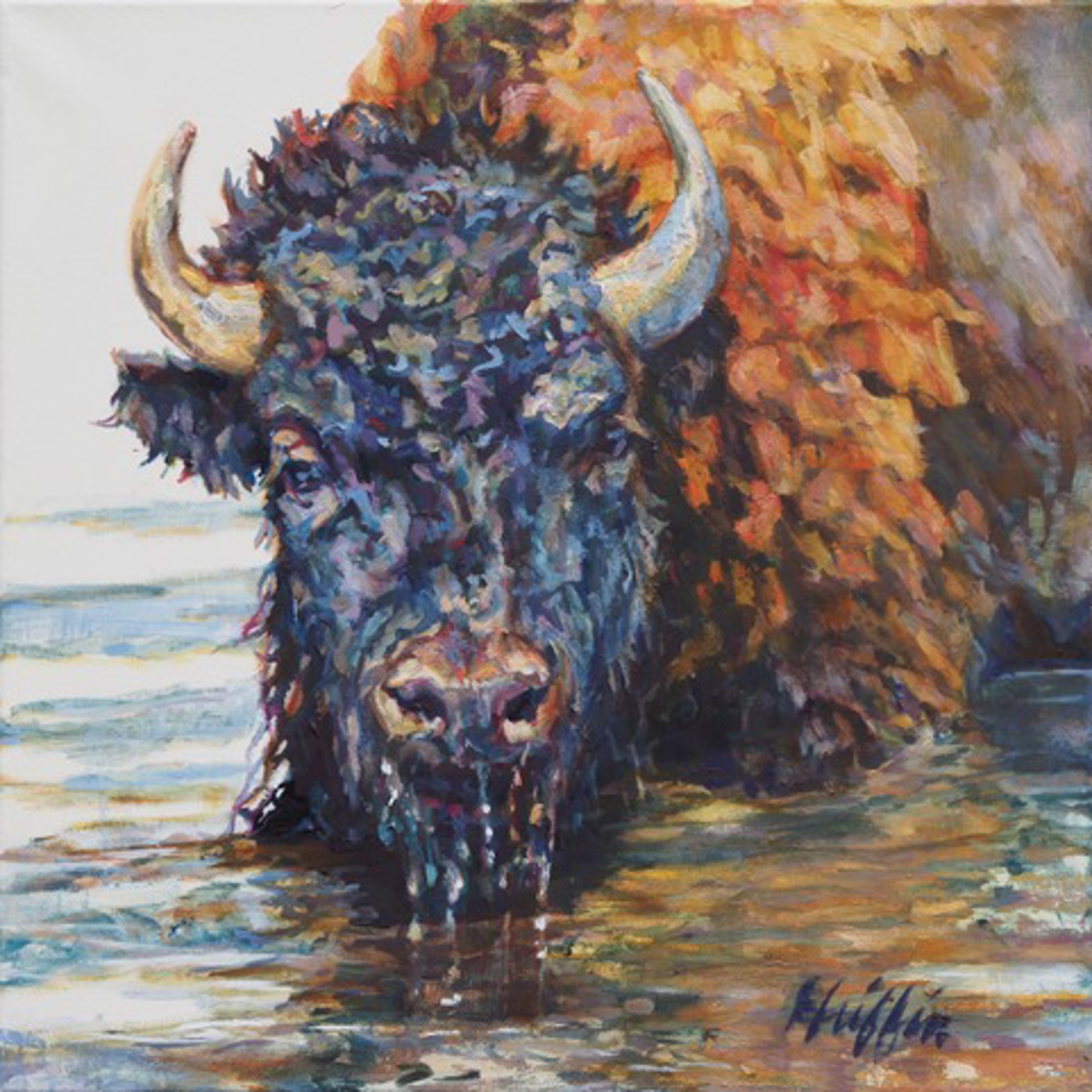 An Original Oil Painting Of A Colorful Bison Face Portrait In The Water, By Patricia Griffin, Available At Gallery Wild