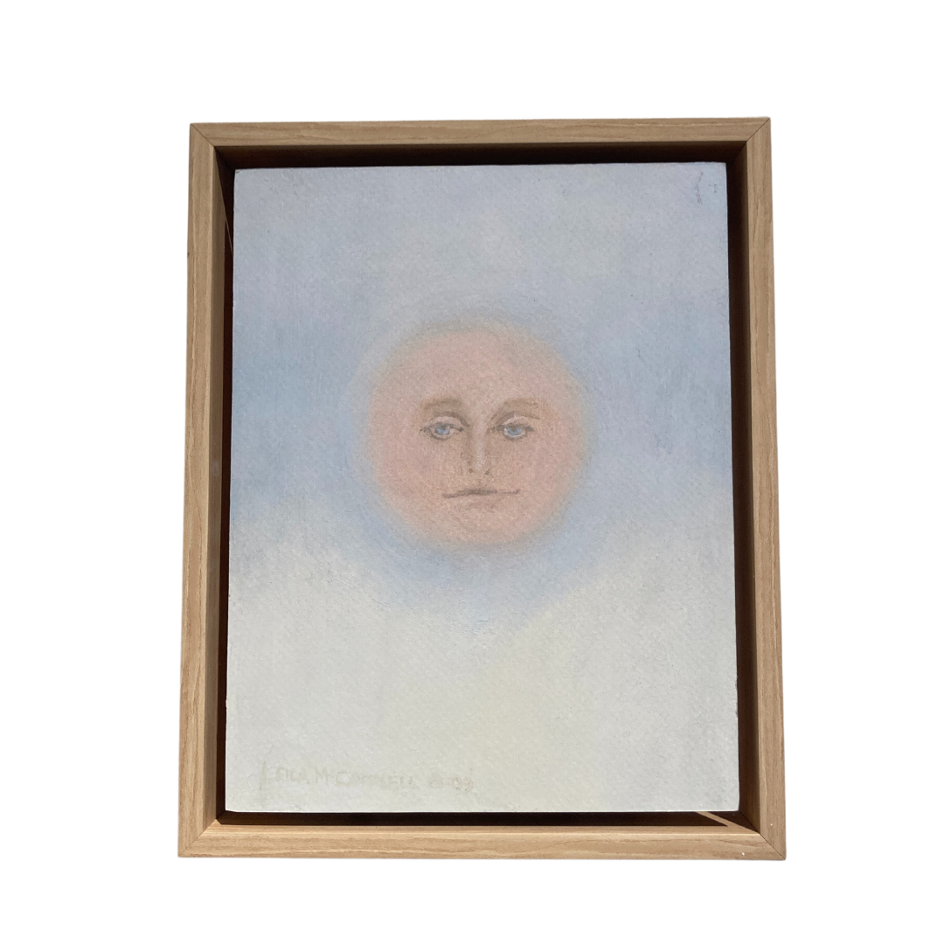 Moonface - peach on pale blue/white by Leila McConnell