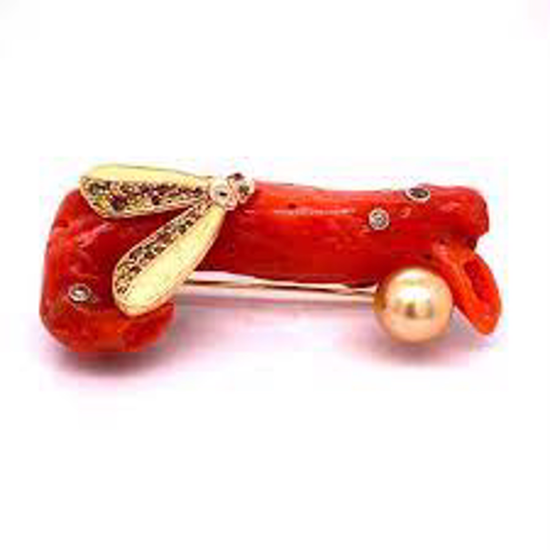 Coral brooch and modullyn clasp with 18k rose and yellow gold, .85tcw diamonds and .12 ct sapphires by Llyn Strong
