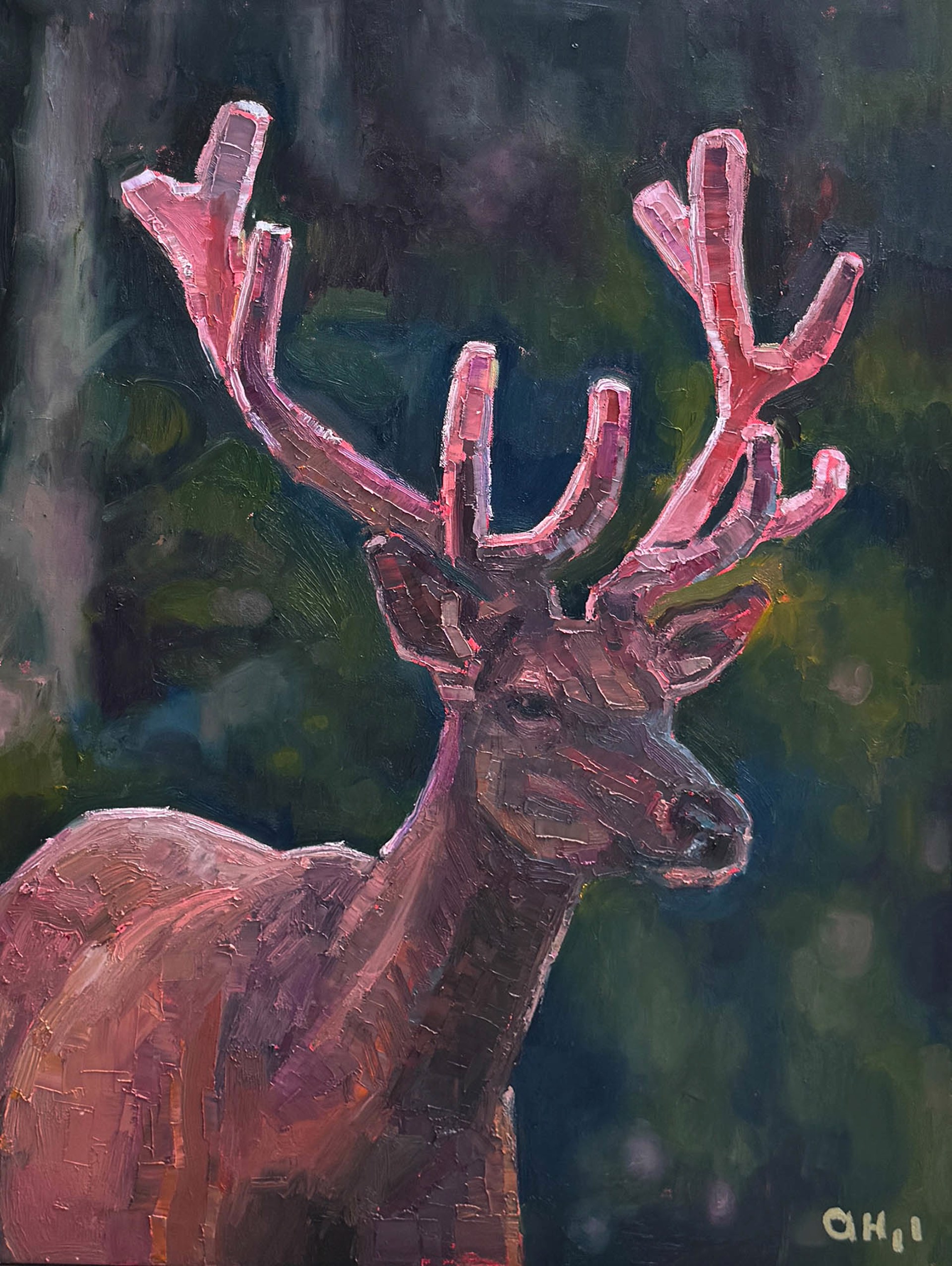 Original Oil Painting By Aaron Hazel Featuring A Deer On A Green and Blue Abstract Background