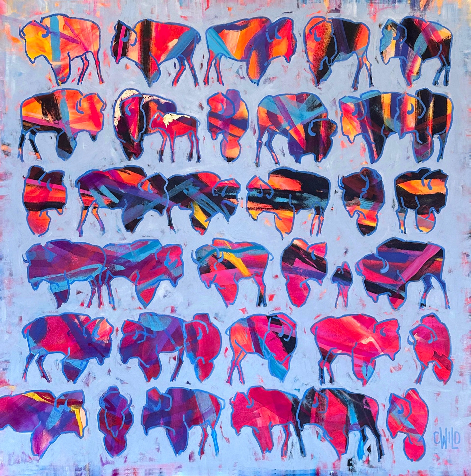 Original Acrylic Painting By Carrie Wild Featuring Colorful Bison In Sketched Outline On Abstract Light Blue Background