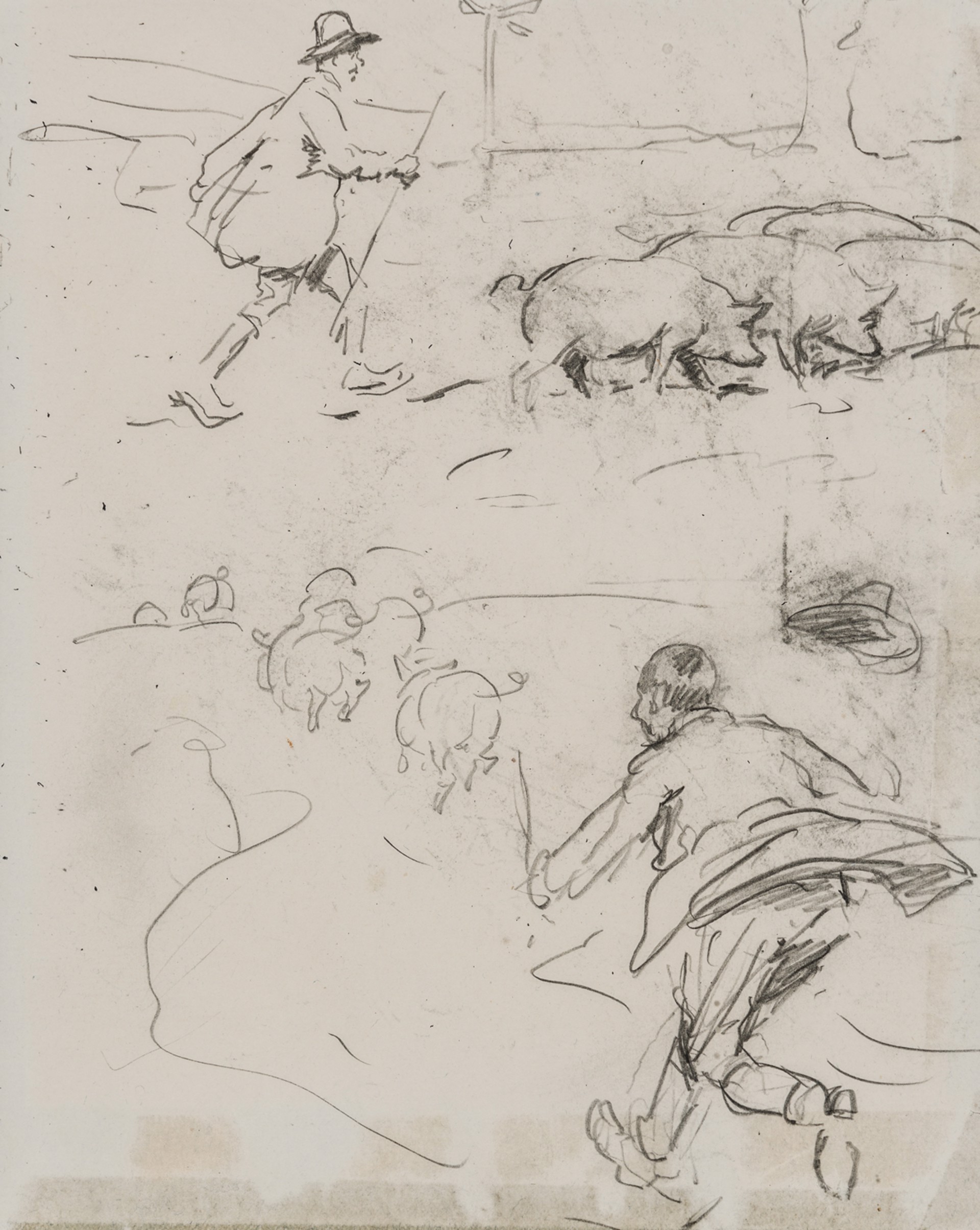 PORTRAIT OF A LADY, SKETCH OF FARMERS AND HOGS (double-sided) by Sir Alfred James Munnings