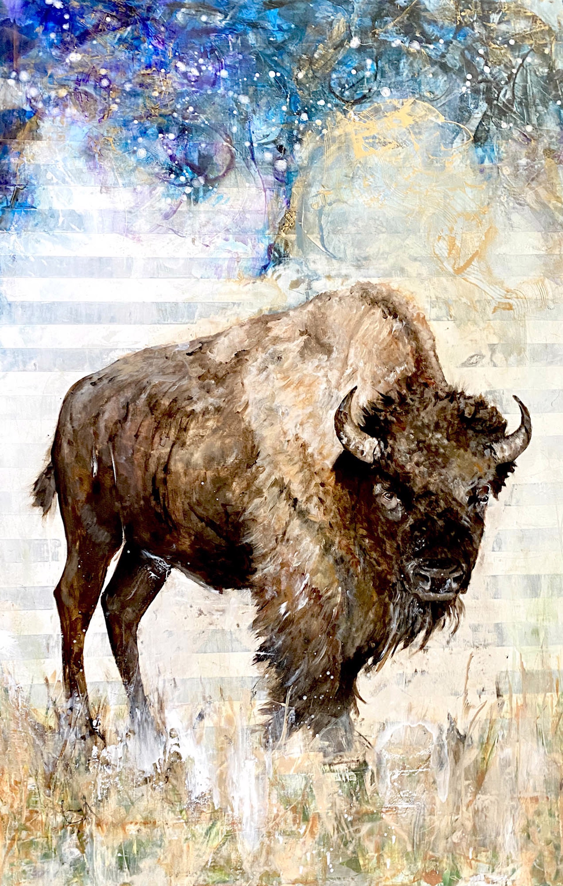 Original Oil Painting Featuring A Bison Over Abstracted Landscape Background With Starry Night Sky 