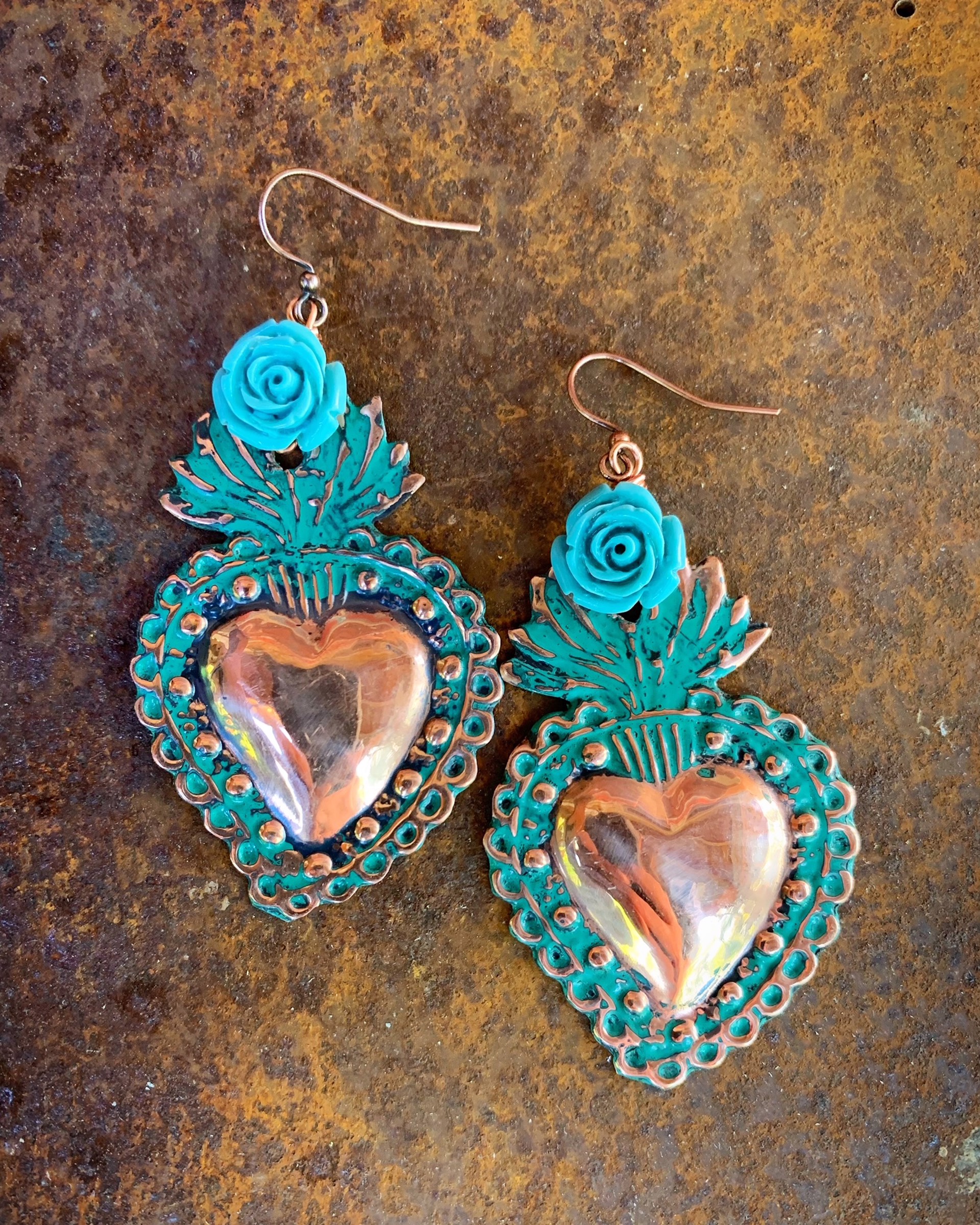 K851 Sacred Heart Earrings with Blue Roses by Kelly Ormsby