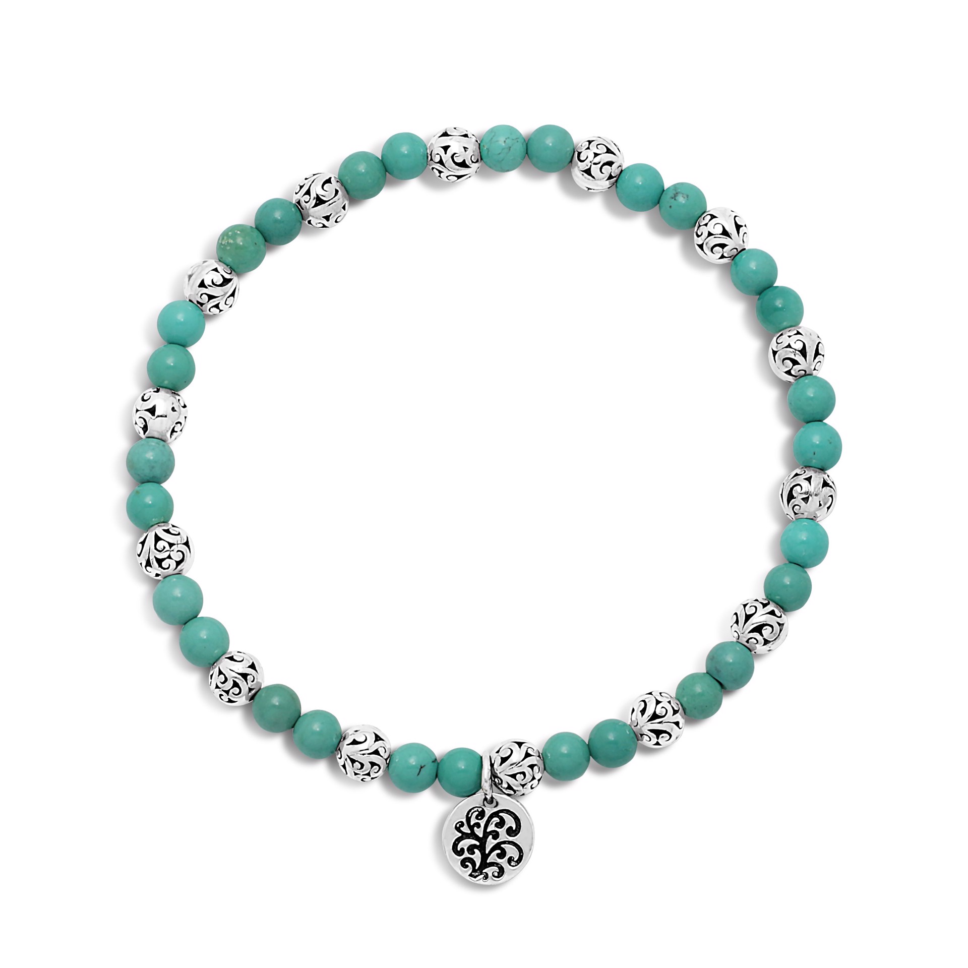 9651 Blue Green Turquoise Bead (4mm) with Scroll Sterling Silver Bead Stretch Bracelet by Lois Hill