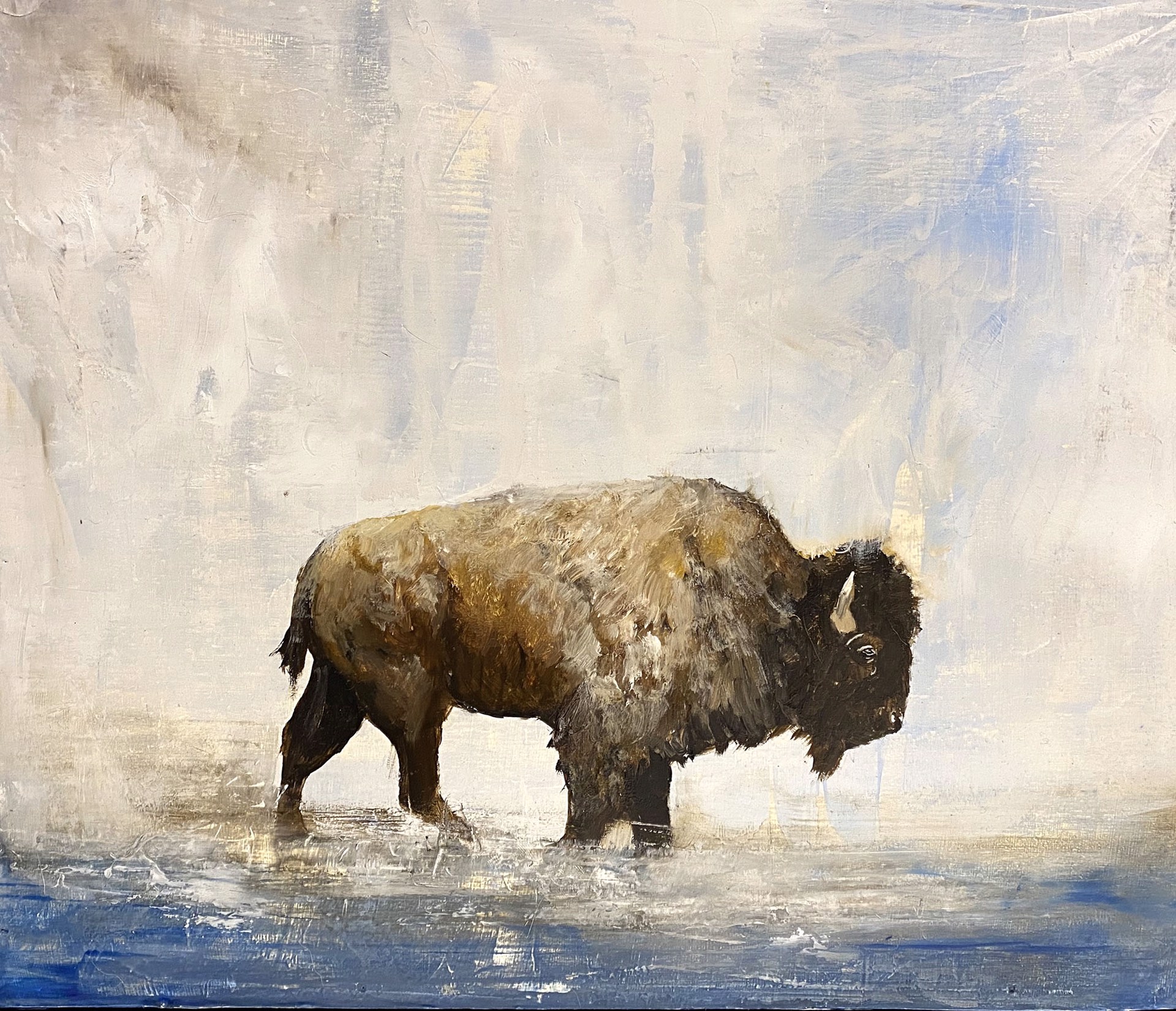 Original Oil Painting Of a Bison Walking In Abstract Water With A Contemporary Style Waterfall Background, By Jenna Von Benedikt