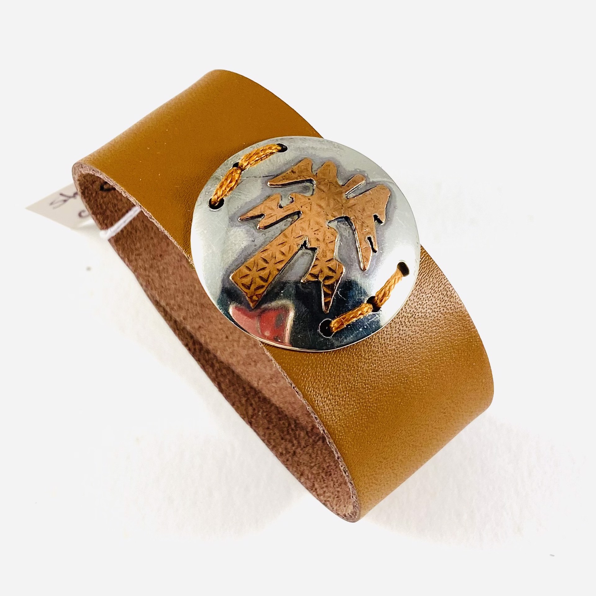 Copper Palm Tree on Silver Leather Cuff Bracelet by Anne Bivens