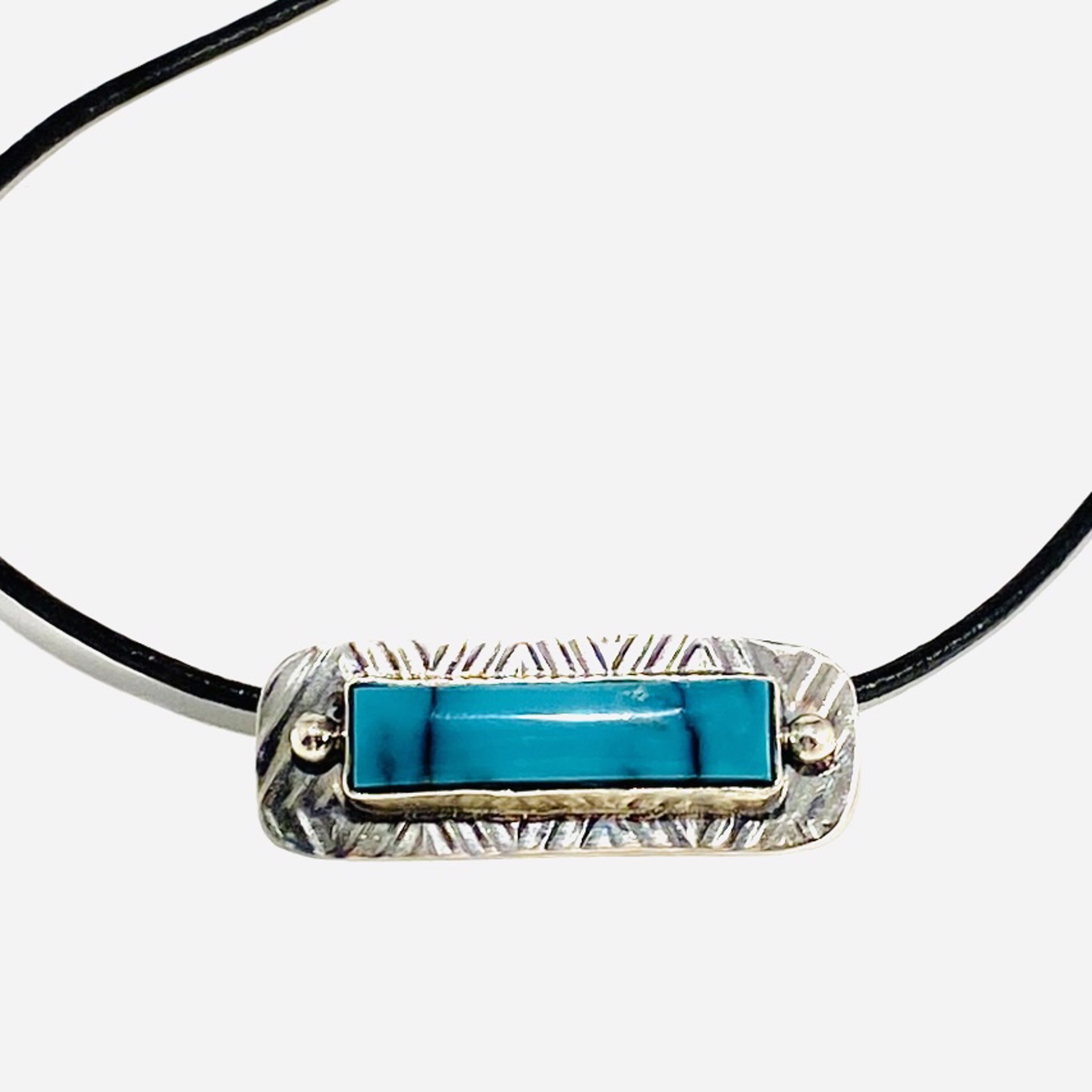 Rectangle Turquoise on Rectangular Silver Disc 18”Slim Leather Cord Necklace AB23-39 by Anne Bivens