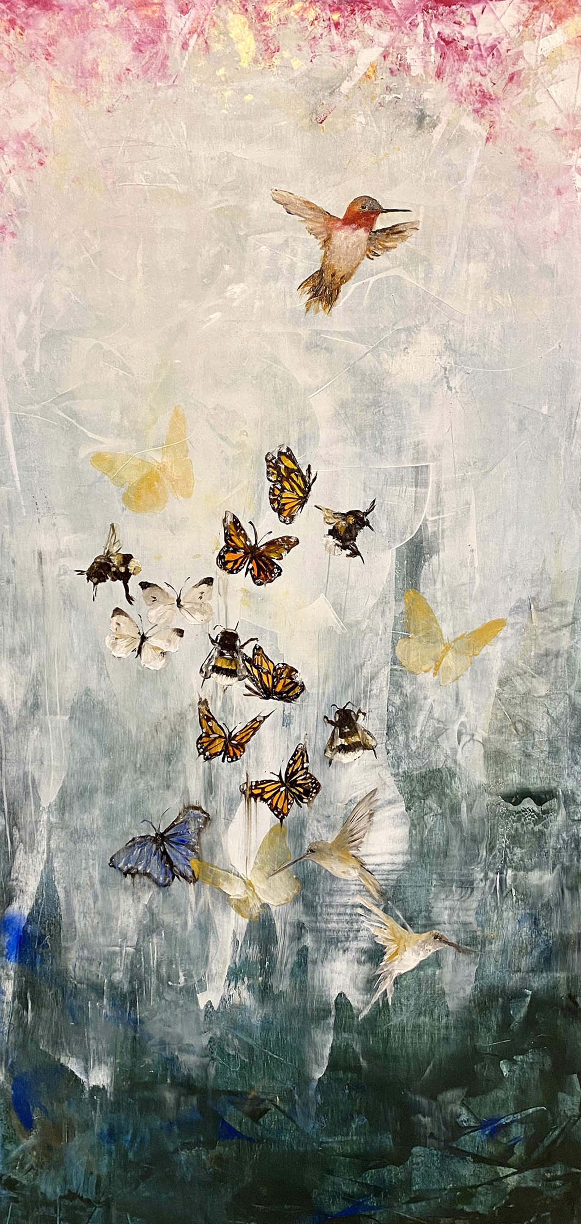 Original Oil Painting Of Butterflies Humming Birds And Bees In Flight Featuring A Contemporary Abstract Blue White And Pink Background