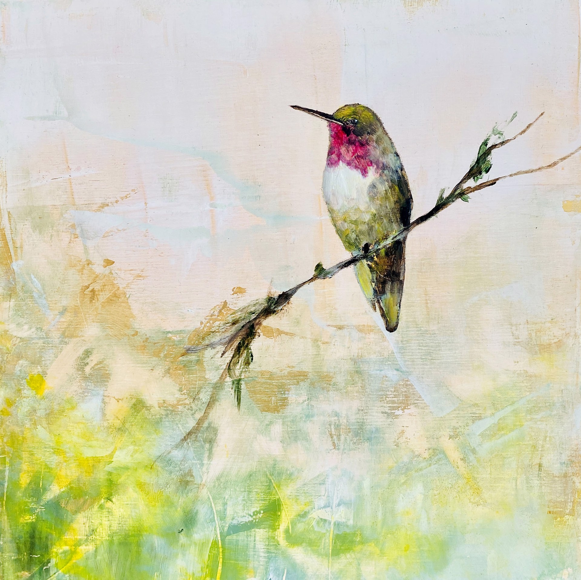 Original Oil Painting Featuring A Humming Bird On Branch Over Green Abstract Background