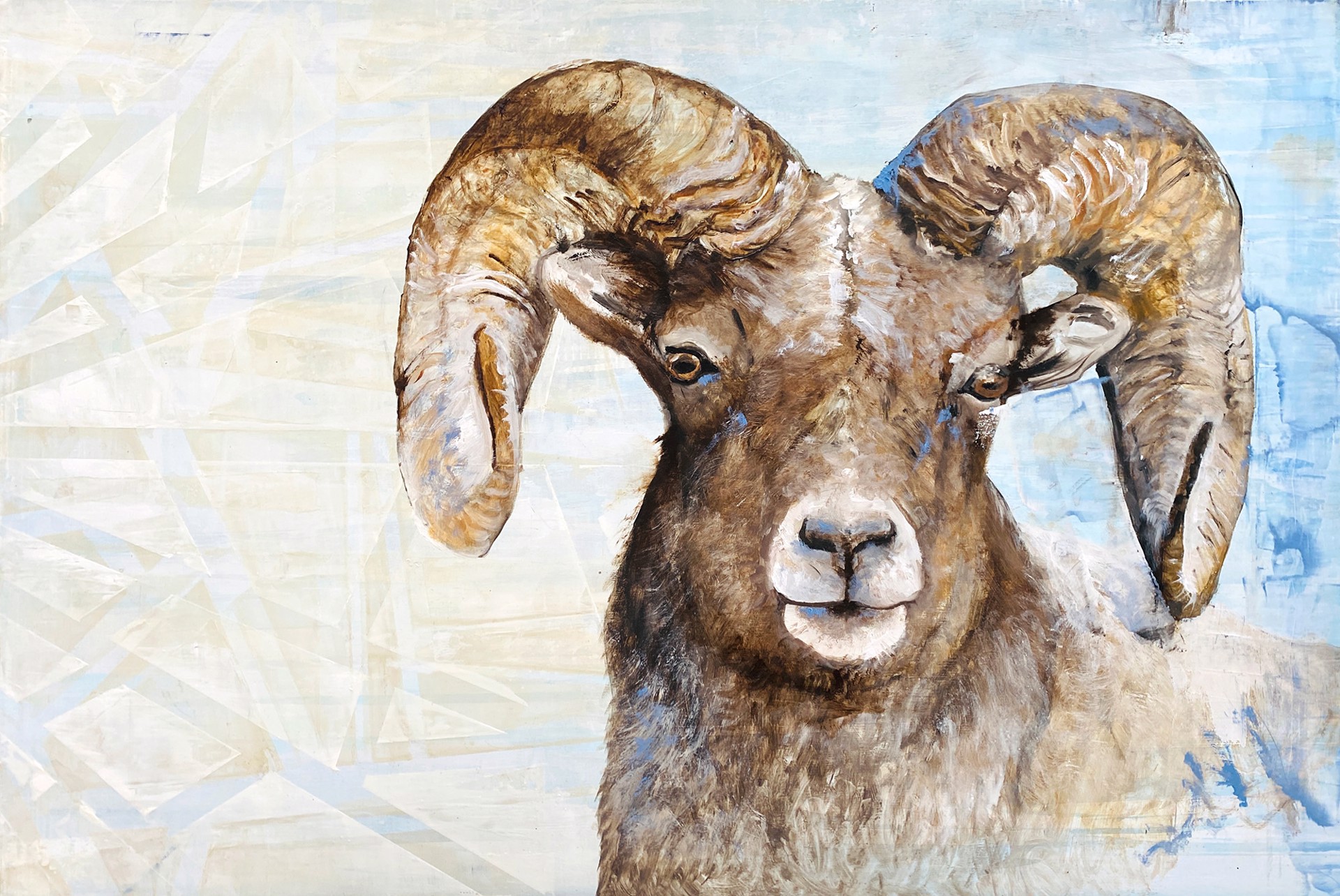 Original Oil Painting By Jenna Von Benedikt Of A Ram In An Abstract Background