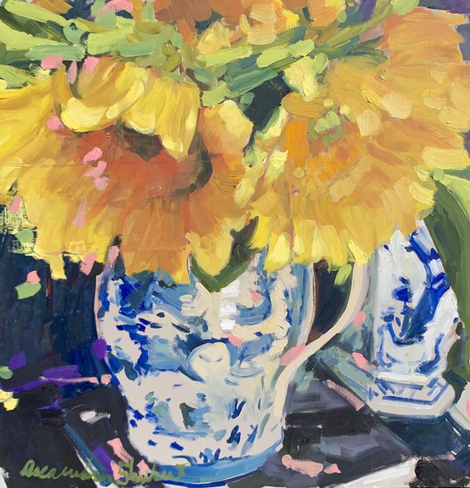 Sunflowers in Blue Vase by Laura Lacambra Shubert