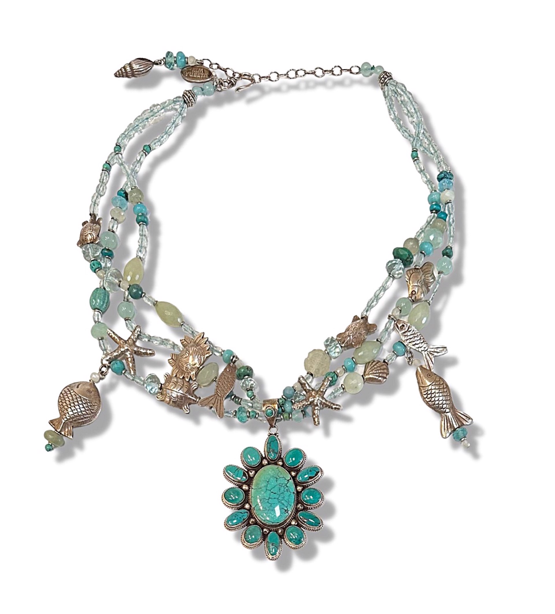 Necklace - Short 3 Strand Sea Creatures: Blue Quartz, Jade, and Turquoise #411 by Kim Yubeta