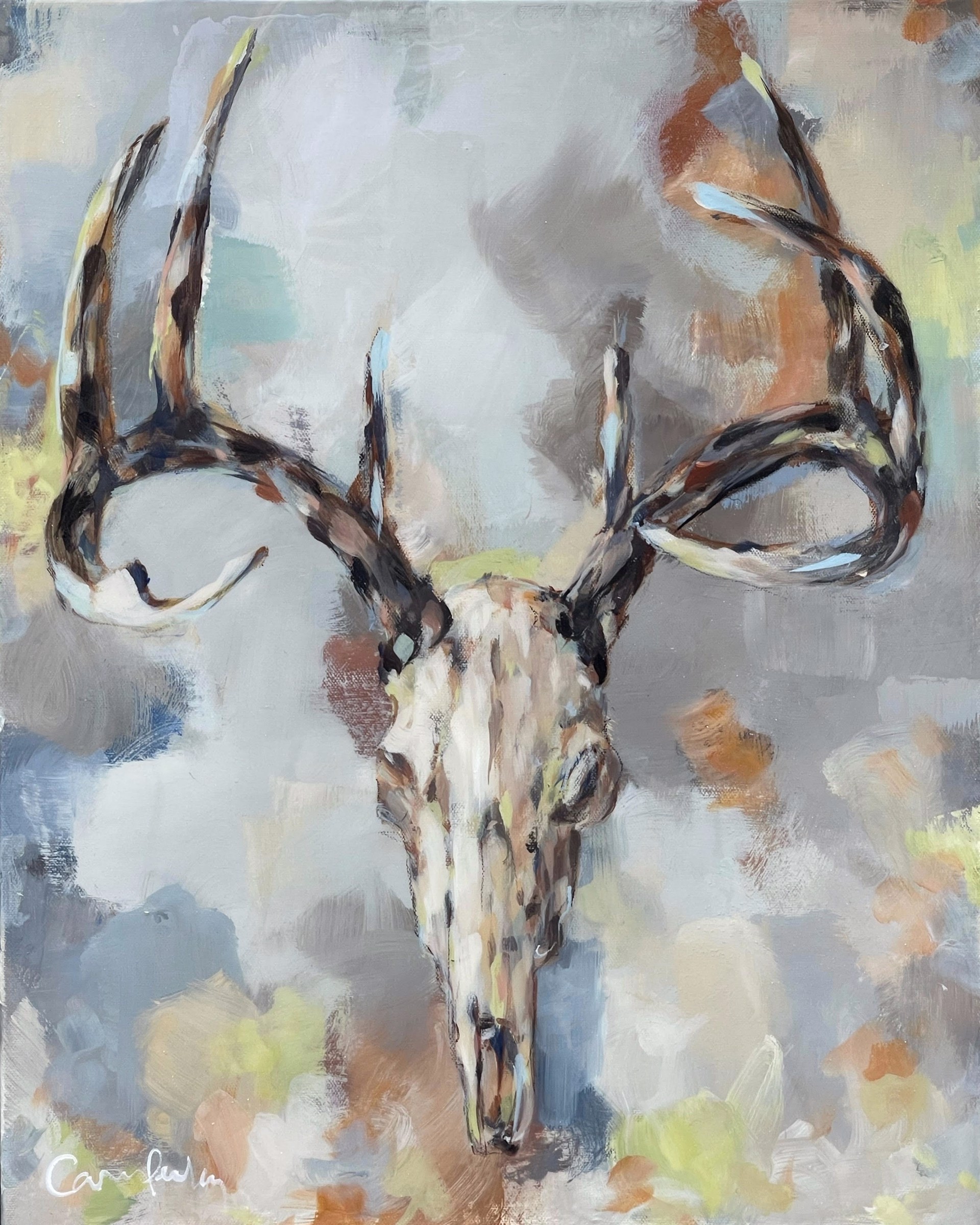 Original Painting Of Skull On a Background of Blues, By Artist Carrie Penley