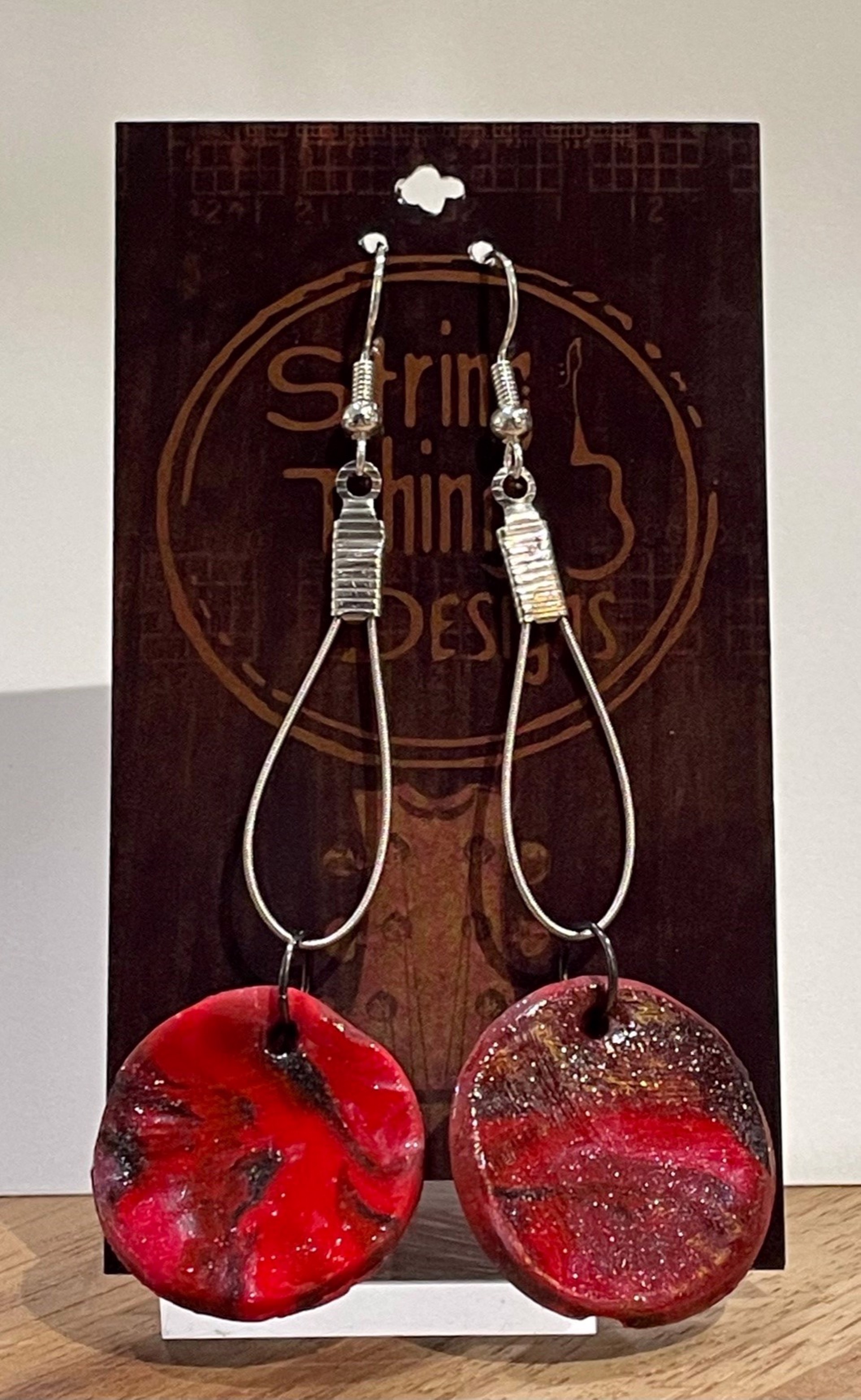 Red Round Guitar String Earrings by String Thing Designs