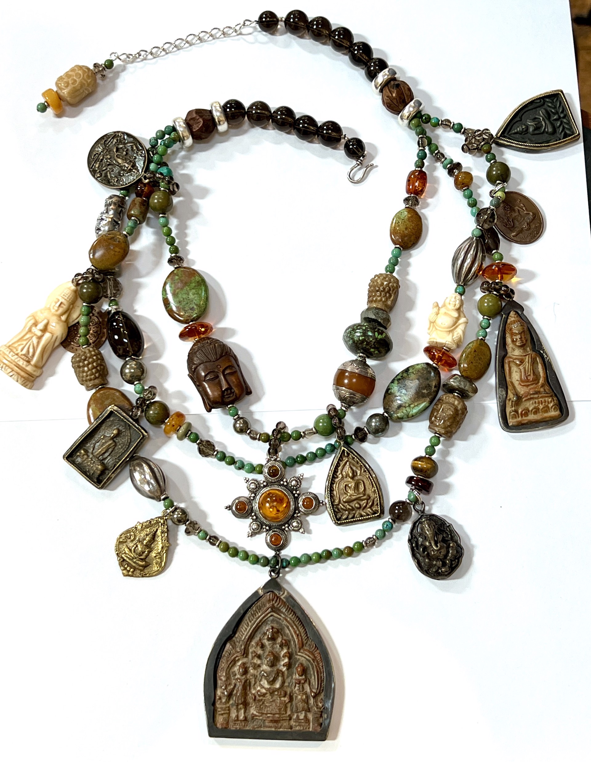 KY 1502- Necklace Three Strand Turquoise, Amber & Tibetan Brass by Kim Yubeta