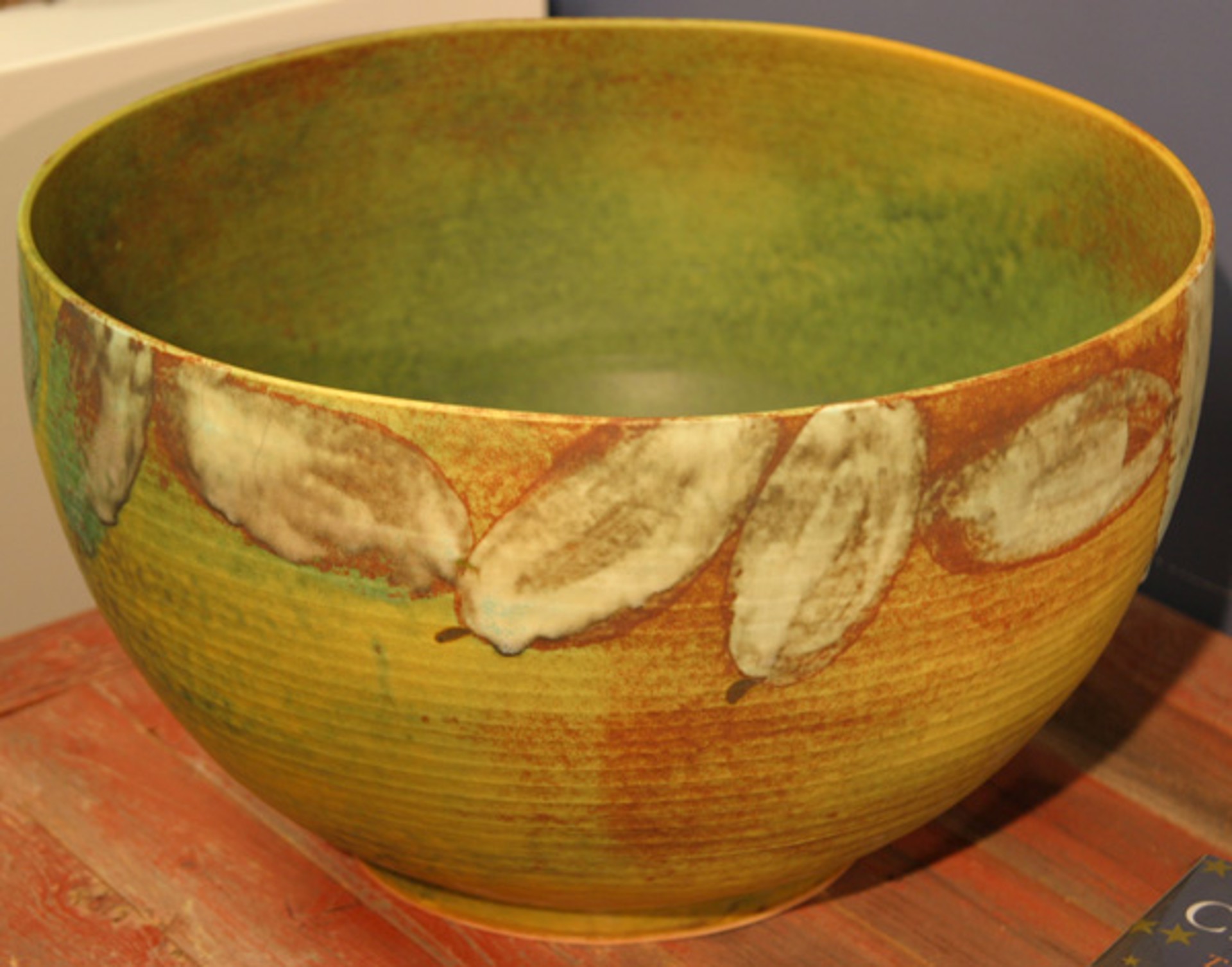 Bowl - Lg, yello green, blue leaves patters around by Kayo O'Young