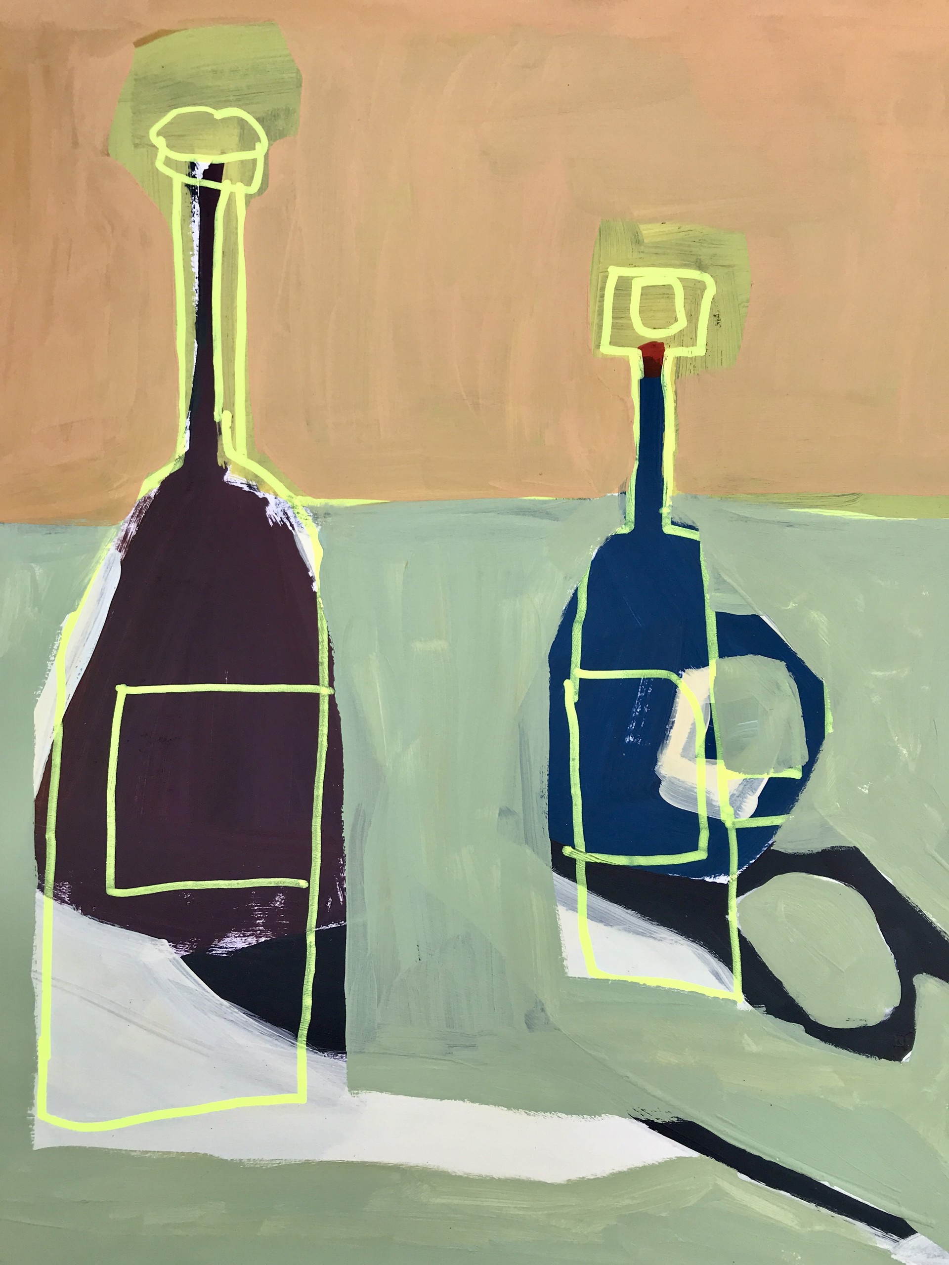 Five Blue Bottles on Green Table by Rachael Van Dyke