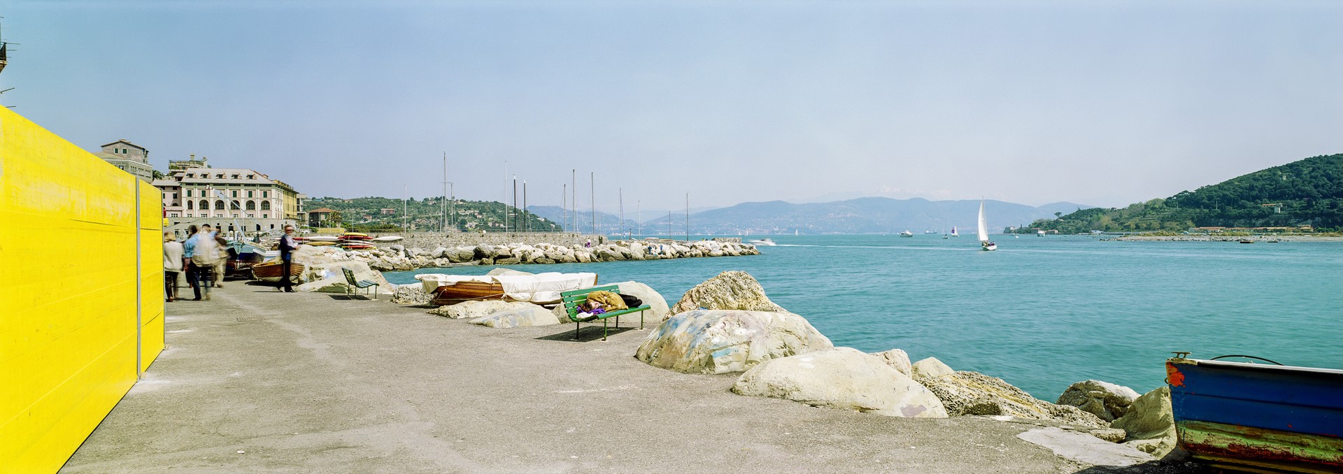 Man Sleeping on a Bench, View of Ocean Inlet, Portovenere, Italy by Lawrence McFarland