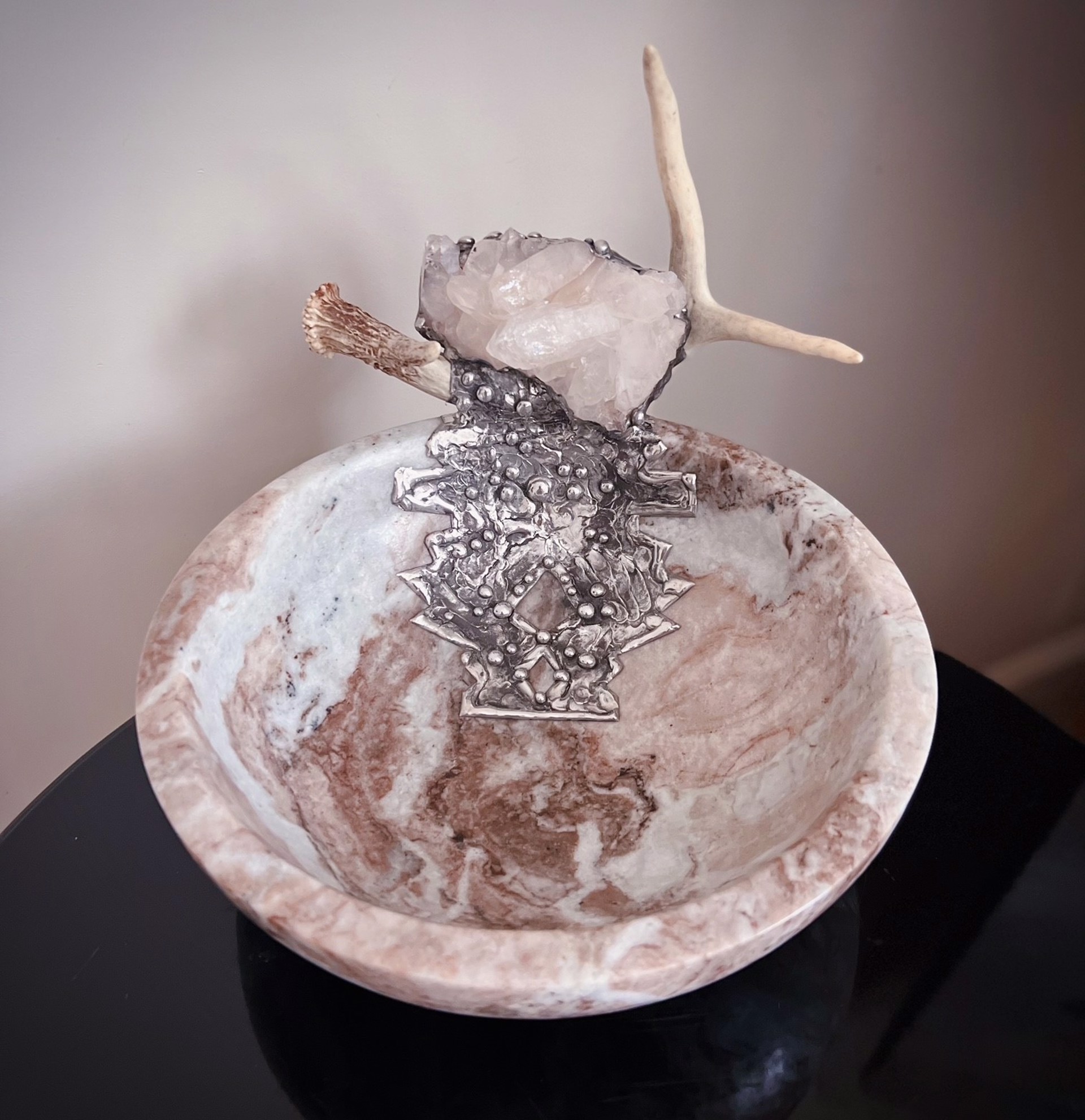 Rose Marble Bowl with Qtz & Antler by Trinka 5 Designs