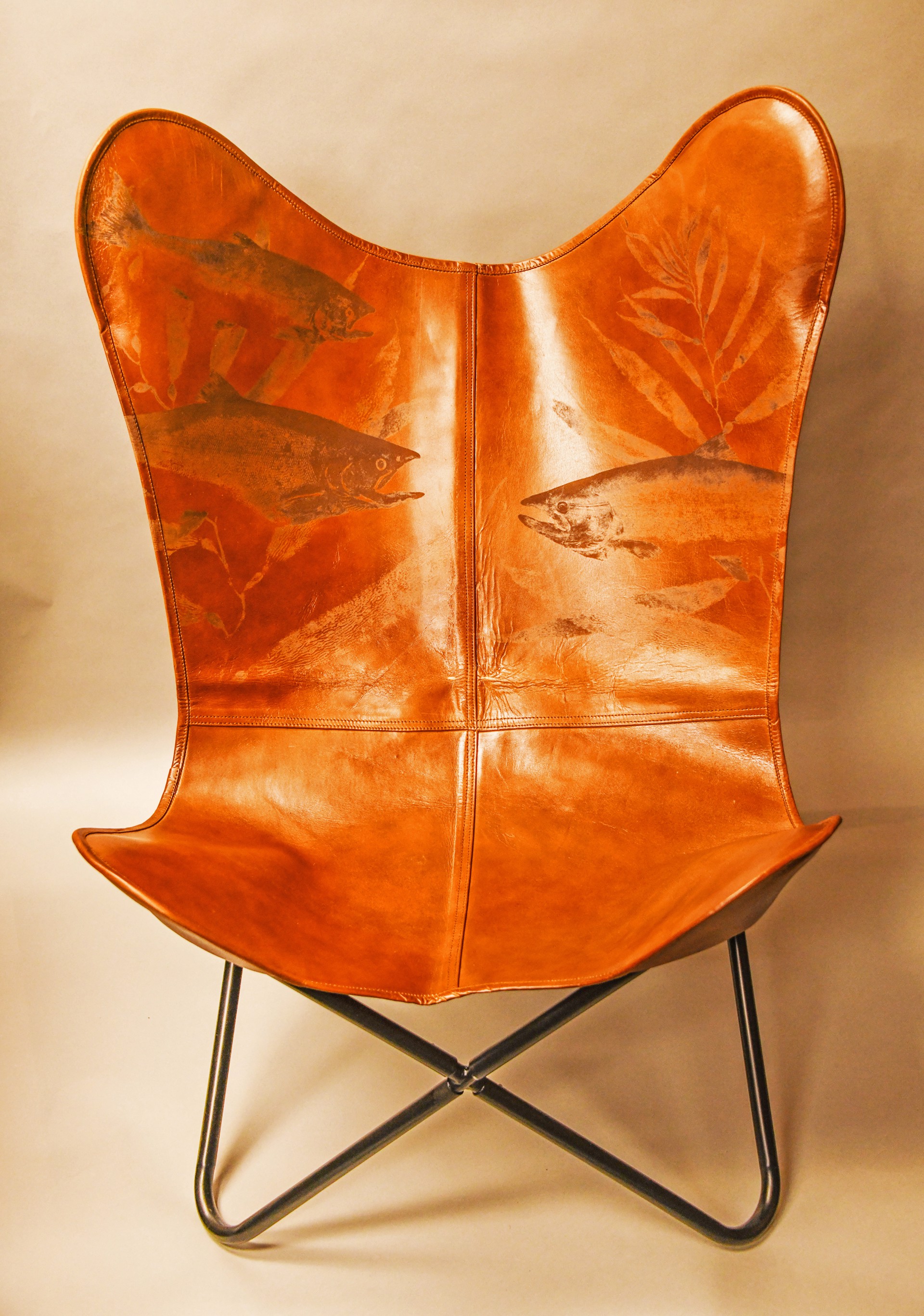 Three Species of Salmon in a Kelp Forest Leather Butterfly Chair by Duncan Berry