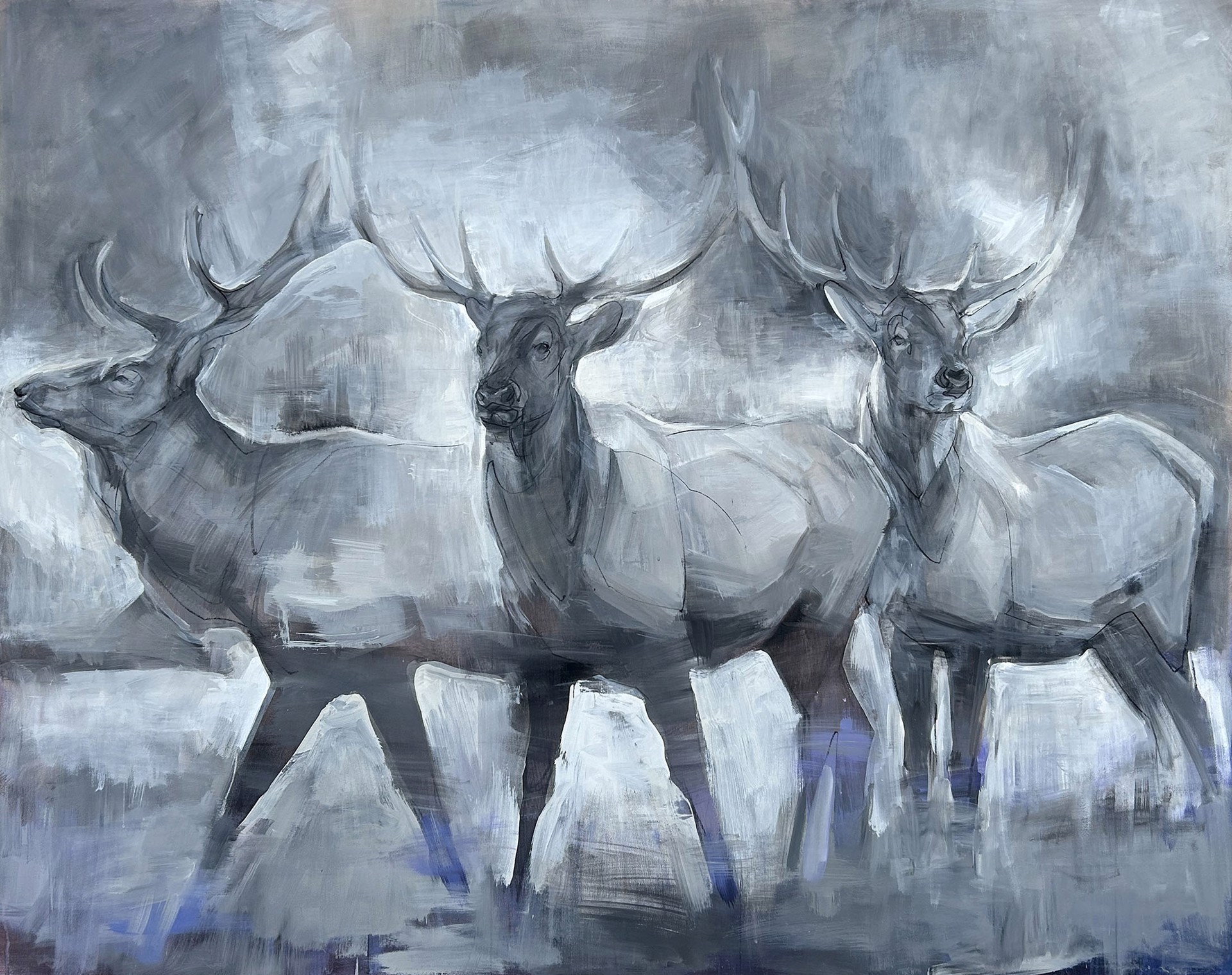 Original Mixed Media Painting By Taryn Boals Featuring Three Elk In Black And White With Hints Of Bright Blue