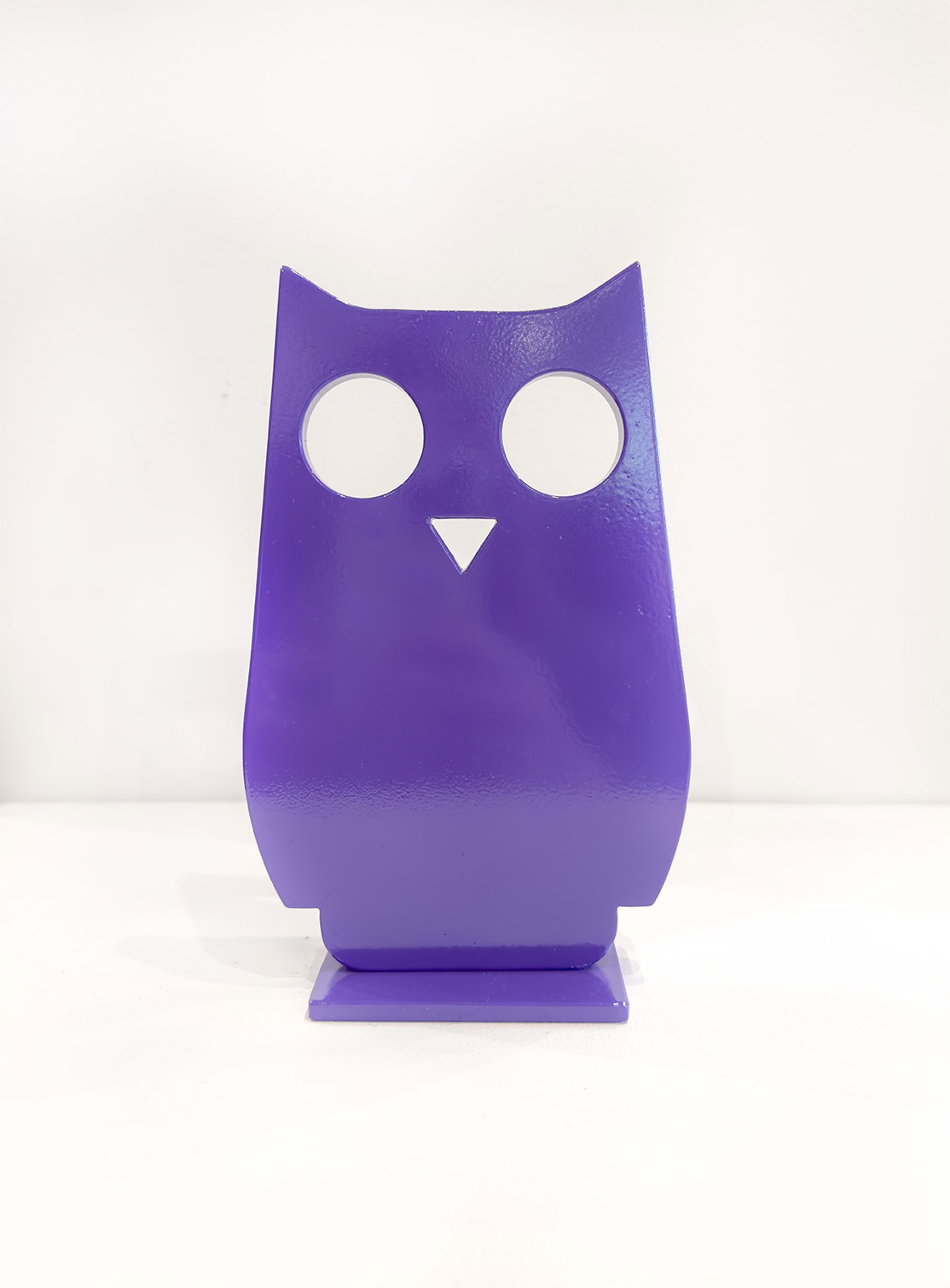 Miniature Aluminum Sculpture By Jeffie Brewer Featuring A Simplified Owl In Purple Finish