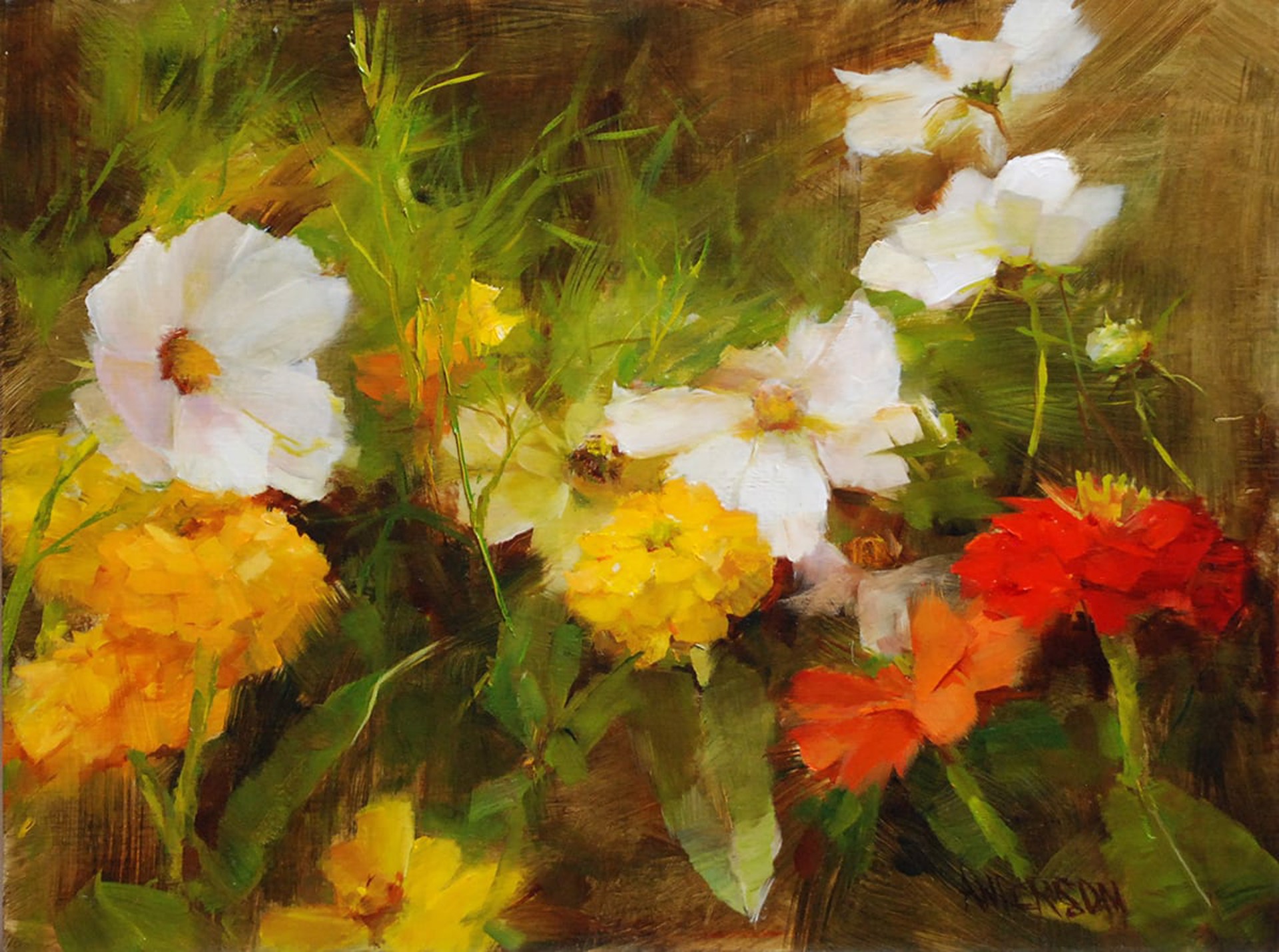 Yellow Zinnias with Cosmos by Kathy Anderson