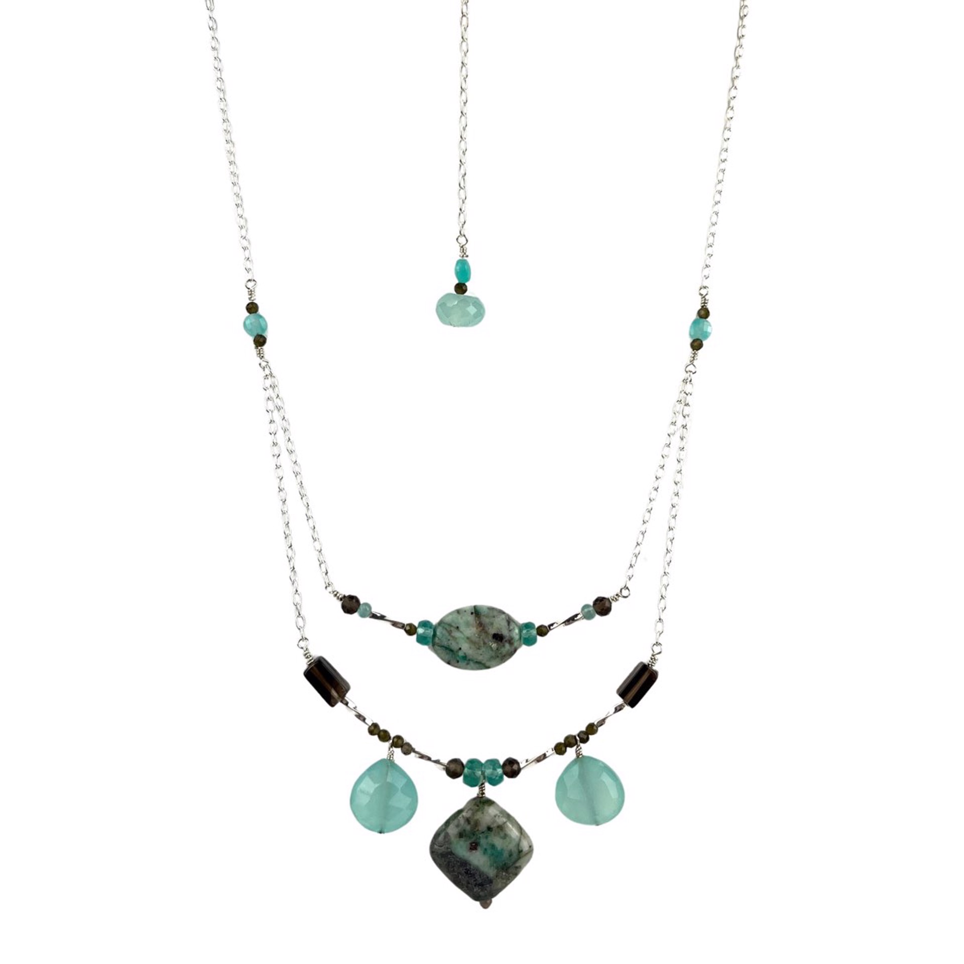 Chrysocolla, Aqua Chalcedony, & Smoky Quartz Double Layer Sterling Silver Necklace with Infinity Pendant by Lisa Kelley