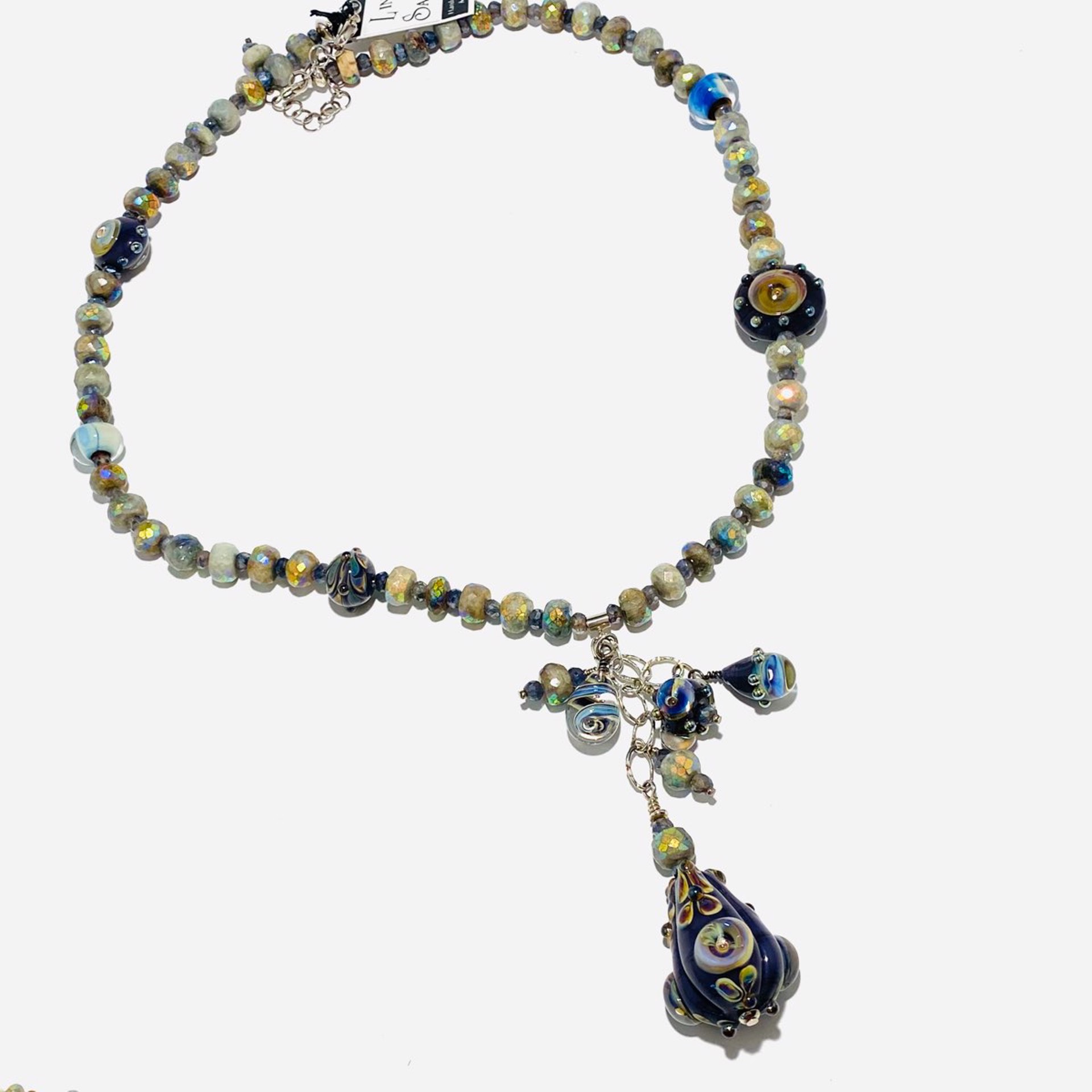 LS22-468  Plum Raku Avare Glass Beads, AB Moss Aquamarine Necklace by Linda Sacra