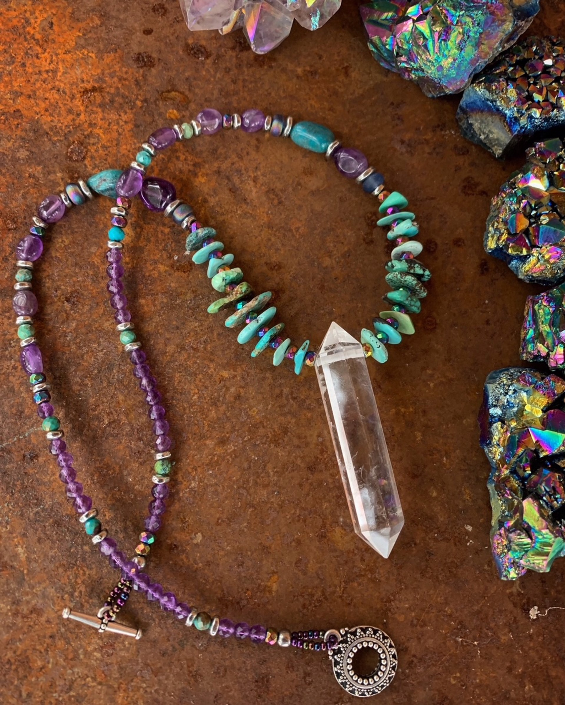 K783 Turquoise Amethyst and Crystal Necklace by Kelly Ormsby