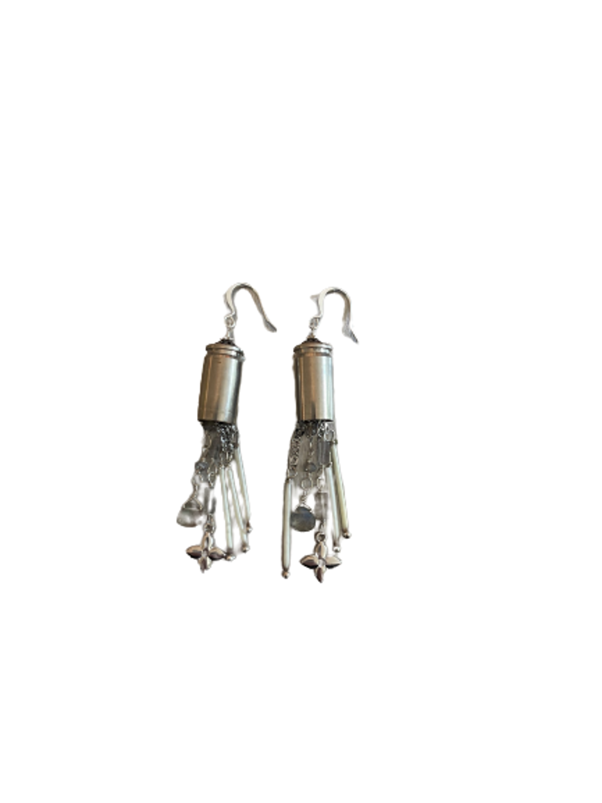 Silver Bullet Shell Earrings with Gold Filled Chain, Porcupine Quills, Labradorite & Gold Filled Charms by ZinniaLou Jewelry