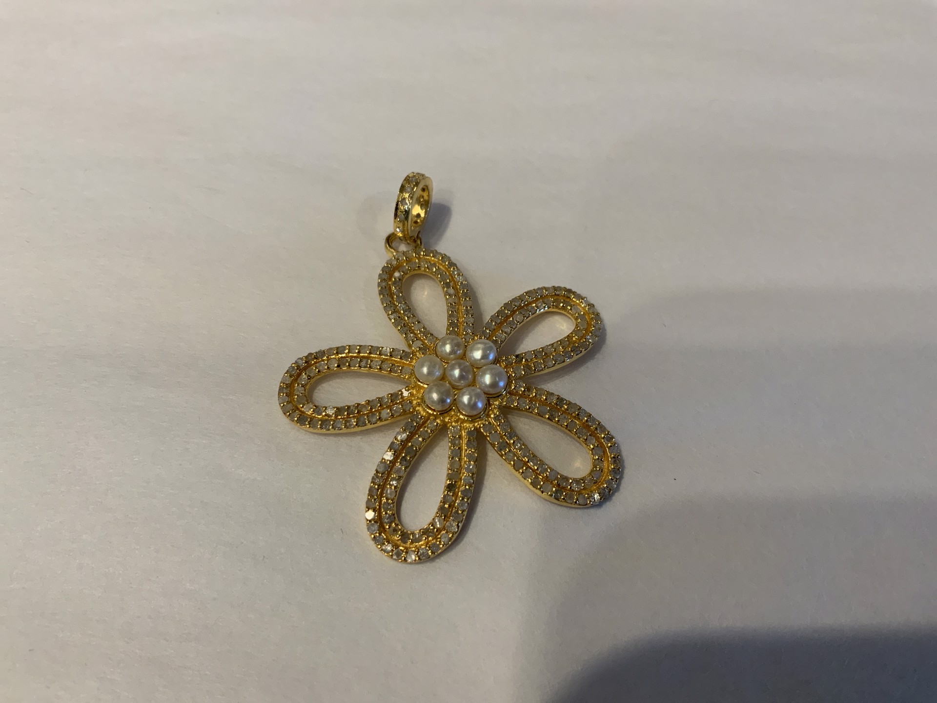 Gold Vermeil and Pave Diamond Pearl Flower Pendant by Karen Birchmier